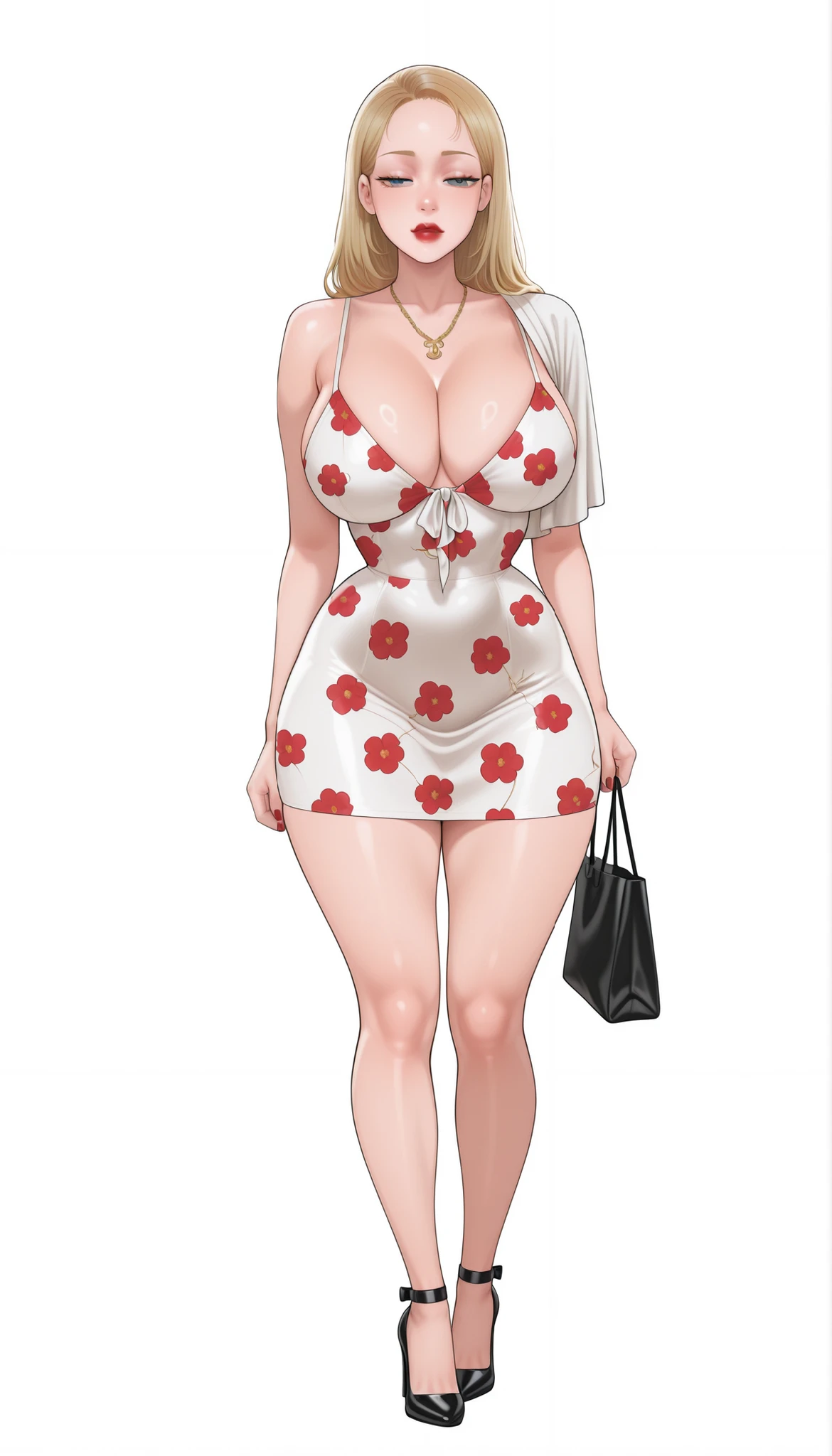 Yumi (New Town), a beautiful extremely sexy woman with long glowy sleek forehead-parted yellow-blonde hair, light-blue eyes, bimbo plump round red lips, bright red nails, extremely fair white glowy skin, a cinched small tight narrow waist, an hourglass figure, big breasts, a small tight cinched waist, and a sexy voluptuous-curvy body. She's wearing a revealing mini short tight white dress with red flower patterns and spaghetti straps and a V-neckline with front-tie strings, one dangling ribbon tied in her hair, a gold necklace, full bare legs, and strappy tall black heels. She's standing straight, carrying one strappy tote bag on one shoulder, narrowed eyes, subtle sad expression, and a plain white empty background. Show her full body head to heels, proper middle-waist level view, SOLO, and super creative hyper-detailed.