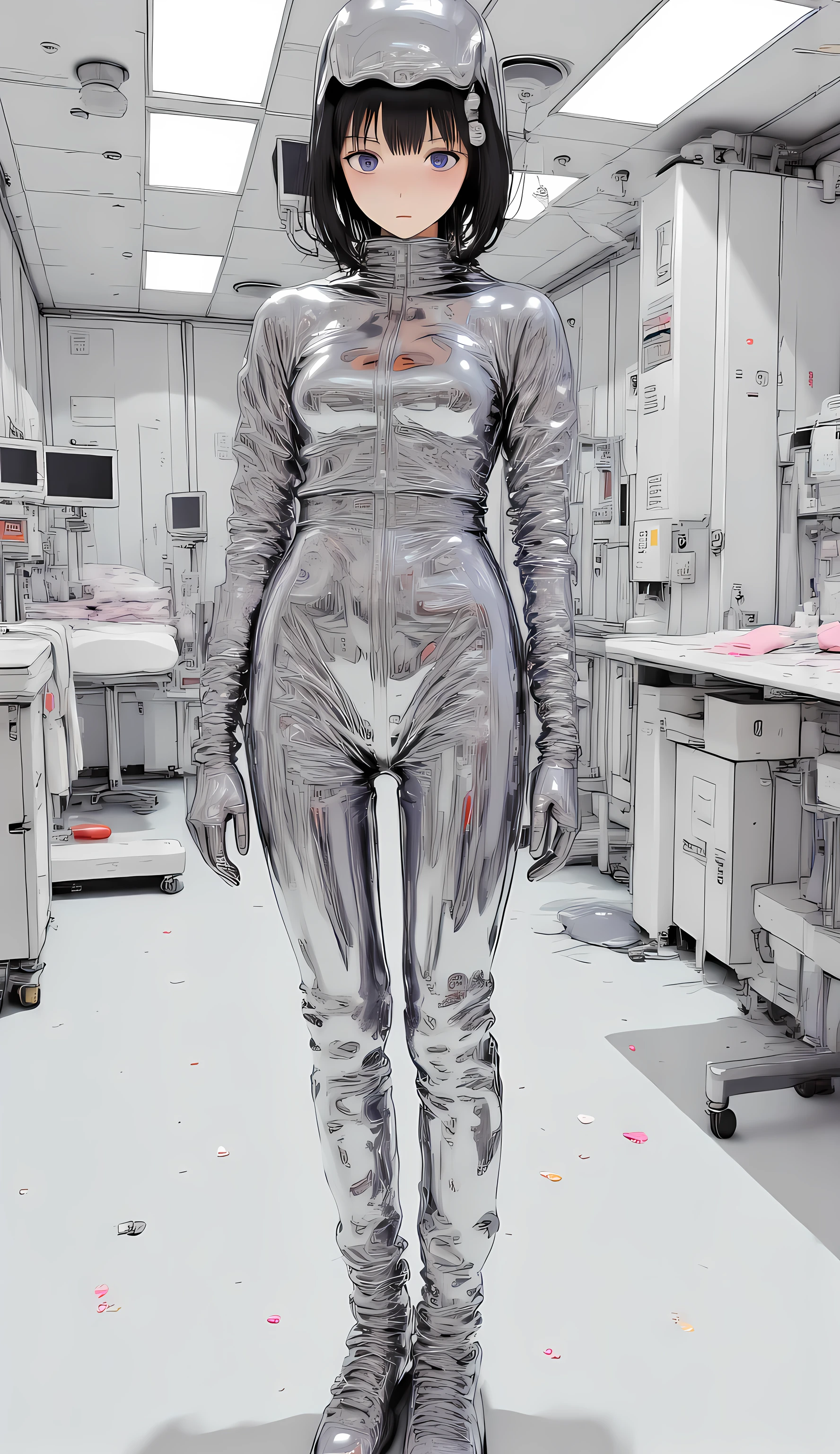 16K high resolution, photorealistic, ultra clear focus,
Japanese idol standing in a white space at the hospital operating room,
latex bodysuit reflecting on shiny chrome reflective material,
calm expression and sharp gaze,
A bright hospital operating room that spreads out in the background,
clean high-tech Environments,
that accentuates body lines, dignity and confidence as a special agent,
fusion of cyberpunk and spy action,
metallic, chrome, bodysuits