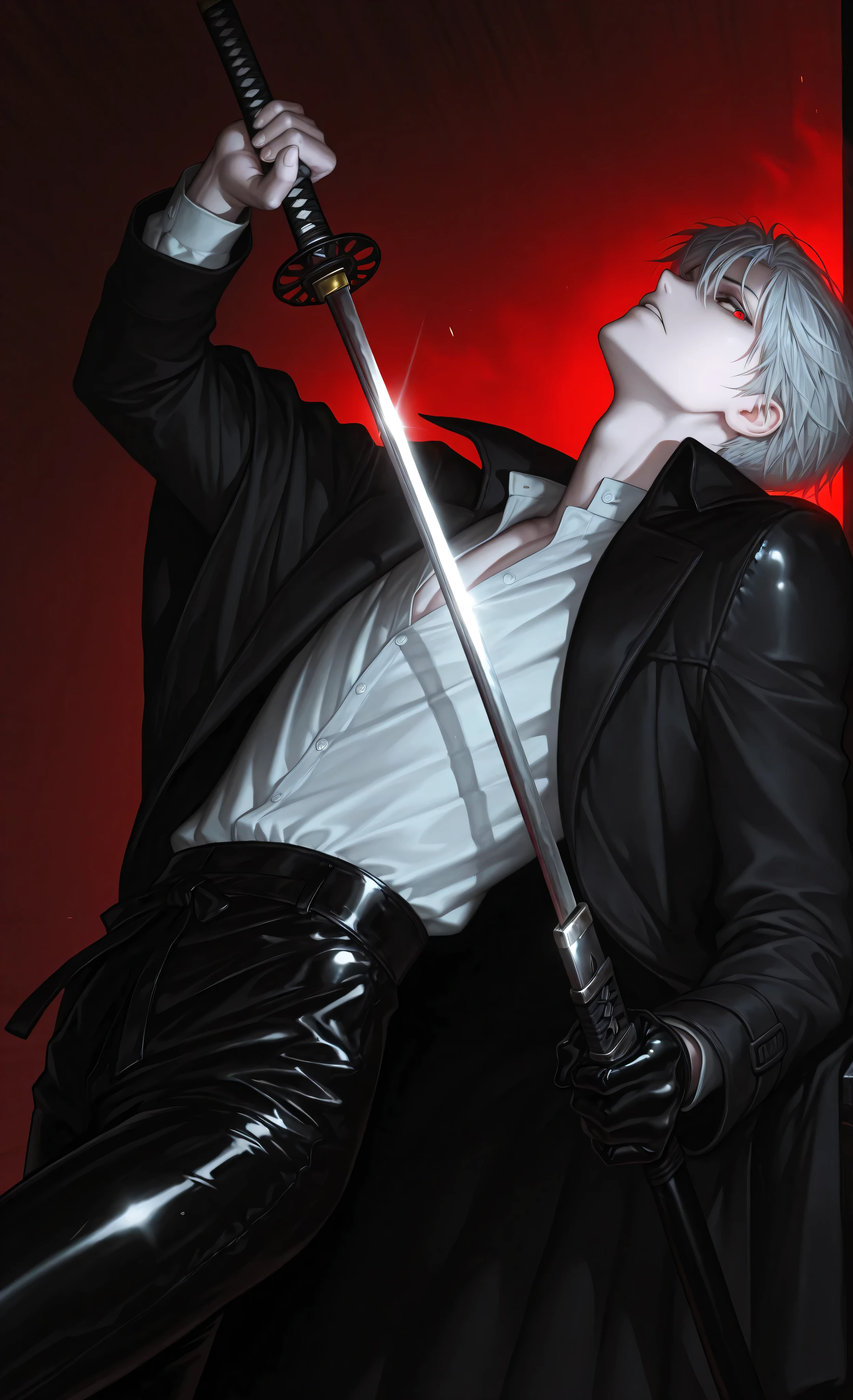 moody lighting, dramatic shadows, bloom lighting, colored shadows,(masterpiece, best quality, 8k, ultra detailed, sharp focus, digital painting), anime style, dynamic action, cinematic shot, samurai aesthetic,
1male, solo, young slender man, late teens, early twenties, pale skin,
short messy silver hair, fierce determined expression, slightly squinted eyes,
wearing: dark flowing coat, partially unbuttoned shirt revealing torso,
(black latex pants:1.5), (glossy latex texture:1.4), (reflective latex surface),
combat boots,
action: (mid-action leaning back:1.4), (holding katana by hilt with one hand:1.6),
(proper sword grip), (katana ready to strike), (dynamic iaido stance),
(coat flowing dramatically),
background: deep red background, fiery atmosphere, dramatic lighting,
suggesting danger and intensity,
lighting: dramatic lighting highlighting form and katana,
strong contrasts, rim light, specular highlights on latex and blade,
composition: dynamic pose, tilted perspective, sense of movement,
motion blur effects, speed lines,
atmosphere: intense action, samurai elegance, dangerous beauty