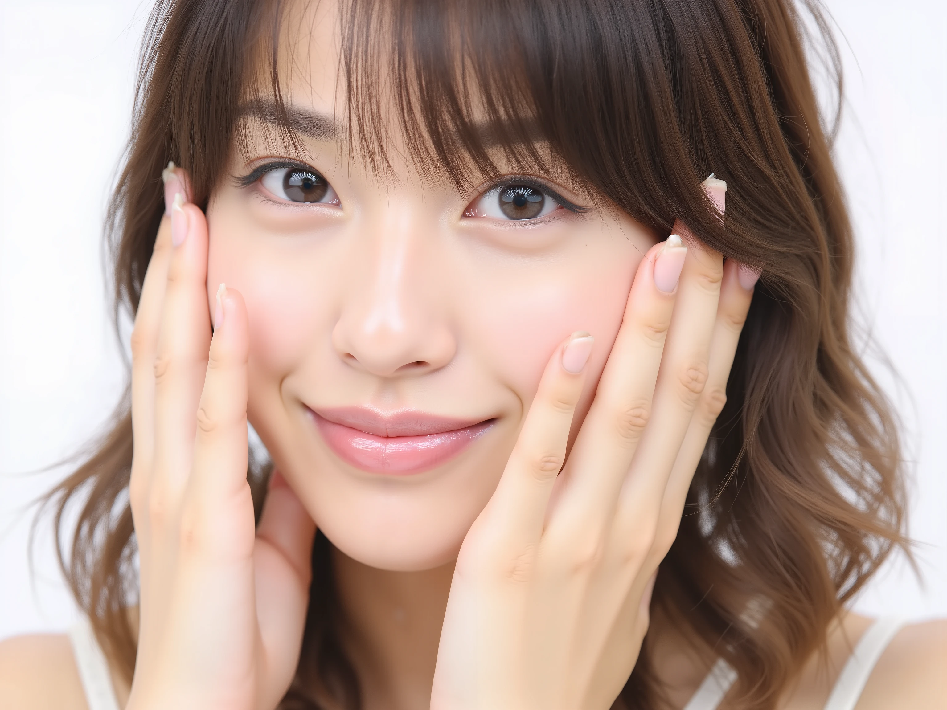 (Refined from an old photo, recreated in a modern, ultra high-quality photorealistic style,
with a trendy Reiwa-era hairstyle: soft semi-long hair with natural waves and airy see-through bangs),
Ultra photorealistic close-up portrait of a beautiful Japanese woman,
upper-body composition, wearing a black outfit completely out of frame (not visible),
shoulders and collarbone softly exposed,
both hands gently pressing her cheeks in a shy, lovestruck pose,
sparkling eyes gazing dreamily at the viewer with overflowing affection,
cheeks blushing deeply with a sweet warm glow,
soft glossy lips curved into a bright, lovestruck smile,
expression melting with love — playful, bashful, dreamy, and adorably affectionate,
realistic skin with detailed pores, natural uneven tones, and tiny imperfections for realism,
soft peach fuzz visible, smooth and refined texture,
clear and smooth skin without any blemishes or moles,
beautiful even skin tone with a healthy, luminous glow,
hair rendered with fine individual strands, slightly tousled flow, natural matte shine,
soft diffused cinematic lighting with natural depth,
pure white blurred background for an intimate, clean atmosphere,
(masterpiece, best quality, ultra photorealistic, high resolution,
intimate romantic close-up, cinematic magazine cover style)