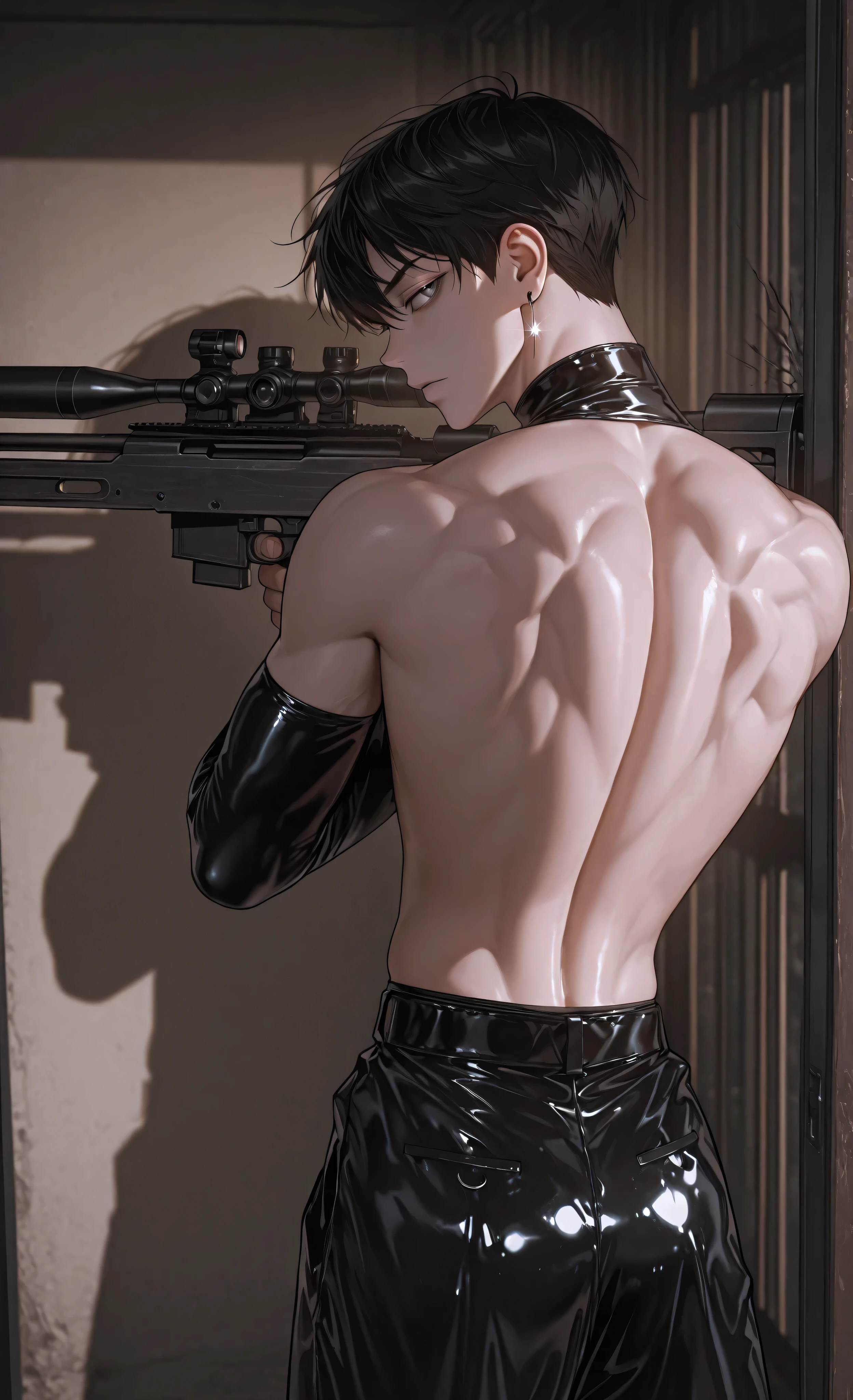 moody lighting, dramatic shadows, bloom lighting, colored shadows,(masterpiece, best quality, 8k, ultra detailed, sharp focus, digital painting), cinematic lighting, intense atmosphere, dramatic contrast,
1male, solo, young Asian man, 20s, short dark hair, muscular build, athletic physique,
**(standing with back to viewer:1.4), (bare back fully visible:1.5), (defined back muscles),**
facial features slightly obscured, intense expression,
wearing: **(black latex pants:1.5), (glossy latex texture:1.4), (reflective latex surface)**,
black socks, black leather shoes, single large earring,
action: **(aiming sniper rifle through window:1.4), (professional marksman stance),
(holding rifle steadily), (focusing through scope),**
setting: indoor location near window, soft natural light illuminating scene,
shallow depth of field, close-up shot,
lighting: dramatic lighting highlighting back muscles and latex texture,
strong contrast between bare skin and dark clothing,
rim light outlining body, specular highlights on latex,
atmosphere: tactical intensity, implied action, sophisticated danger