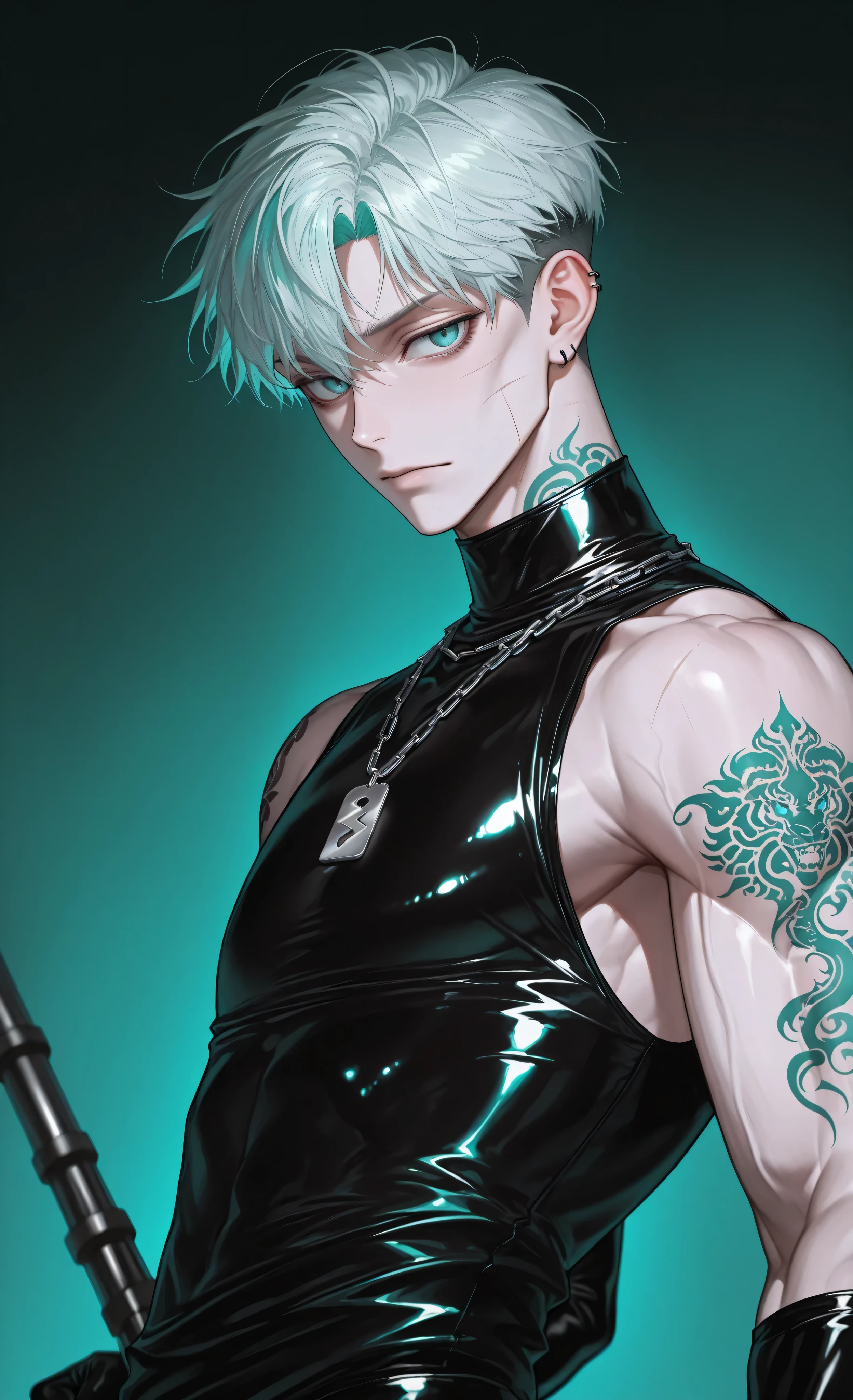 (masterpiece, best quality, 8k, ultra detailed, sharp focus, digital painting), anime style, graphic novel aesthetic, dramatic lighting, edgy atmosphere,
1male, solo, **(masculine young Eurasian man:1.4), (strong jawline:1.3), (defined cheekbones), (broad shoulders),** pale skin, sharp features, (short black tousled hair:1.2),
(teal eyes:1.3), (slightly bloody cut on cheek), **(athletic muscular physique:1.3),**
wearing: (black latex sleeveless top:1.5), (glossy latex texture:1.4), (reflective latex surface),
black gloves, delicate silver chain necklace, single ear piercing,
arm tattoo: (vibrant teal tattoo on upper left arm:1.2), intricate design,
pose: (dynamic leaning pose), **(holding slender metal rod like a weapon),** (side view with slight upward angle),
**(powerful action stance), (confident masculine expression),**
background: (blurred green and dark teal background:1.2), abstract light streaks,
mysterious atmosphere, cool color palette,
lighting: (dramatic lighting), accentuating muscles and physique, strong highlights and shadows,
cinematic contrast