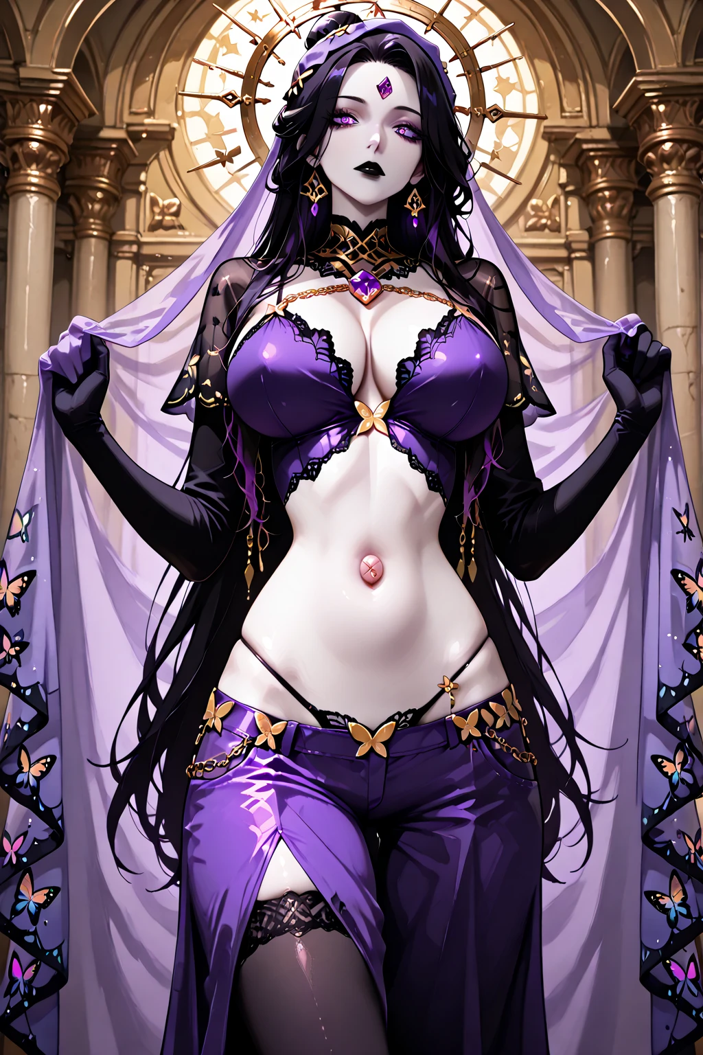 (ultra realistic photo, 8k uhd, full of details in clothes and face, masterpiece, girl goddess of beauty). Shogun Raider from Genshin Impact is a sexy woman with long, flowing purple hair, who wears a highly detailed sexy lingerie, she wears a jewel on the side of her head adorned with gold details and a gem in the center. - She wears a purple and pink outfit with gold details, with ornate designs in gold. The upper part of the armor is tight to the body, highlighting its curves. (she has long breasts, huge and perfect breasts emerging from her sexy, erotic cleavage, sharp pointed BREASTS), ((transparent micro panties showing pussy, perfect pussy)), defined body, body with curves, big perky ass, pussy showing, His arms are covered in armored gloves that have similar designs in gold and are attached to his upper arm by straps. - A piece of cloth flows from his waist, complementing the armor look. - Her face is very beautiful, she has light pink eyes and a serious expression. - In the background, there is a dramatic sky full of dark clouds and lightning lighting the scene. A full moon is also visible between the clouds.