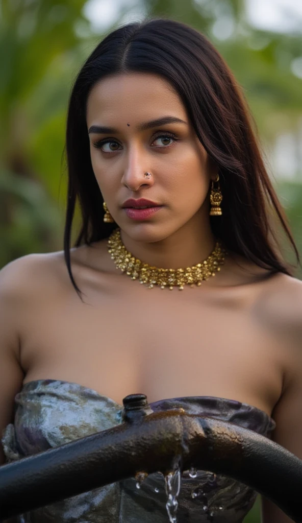 from top view, extreme close up photo of indian, big cheeks, hourglass figure, big , posing on mountains, necklace, ponytail, sultry, with man , eyes, look at viewer and smile, (cinematic:1.3), intricate details, (ArtStation:1.2)