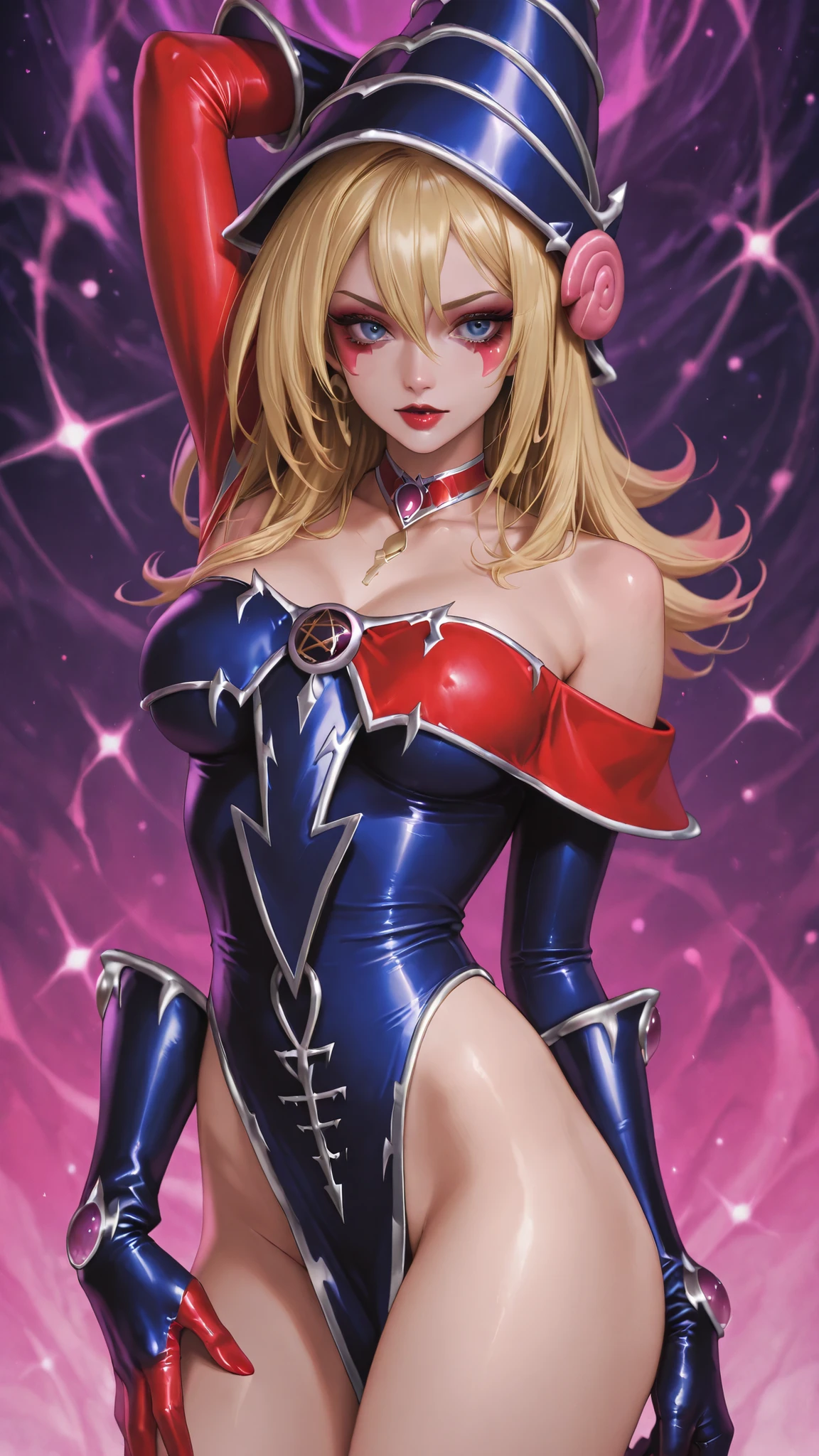Dark magician Gils dressed as Harley Quinn. She has blonde and black hair. blue eyes. red lips. Dark magician girl is dressed as Harley Quinn. Sensual and innocent pose. Circus and magic background.