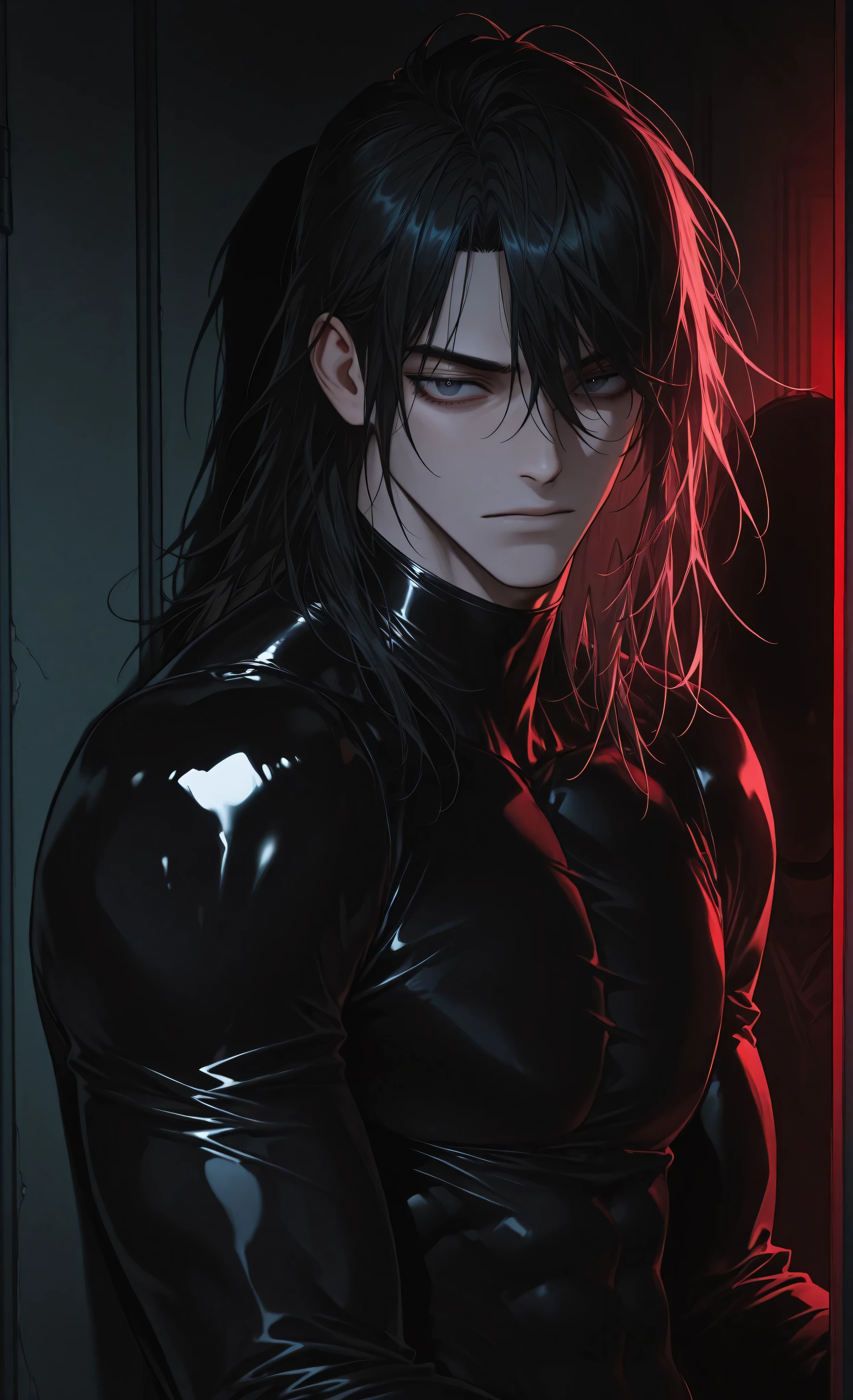 (masterpiece, best quality), 1male, athletic man in glossy black latex, (hiding in shadows), half face visible, (light catching on latex shoulders), dark corridor, mysterious atmosphere, (partially concealed face), intense eyes, sense of stealth and precision