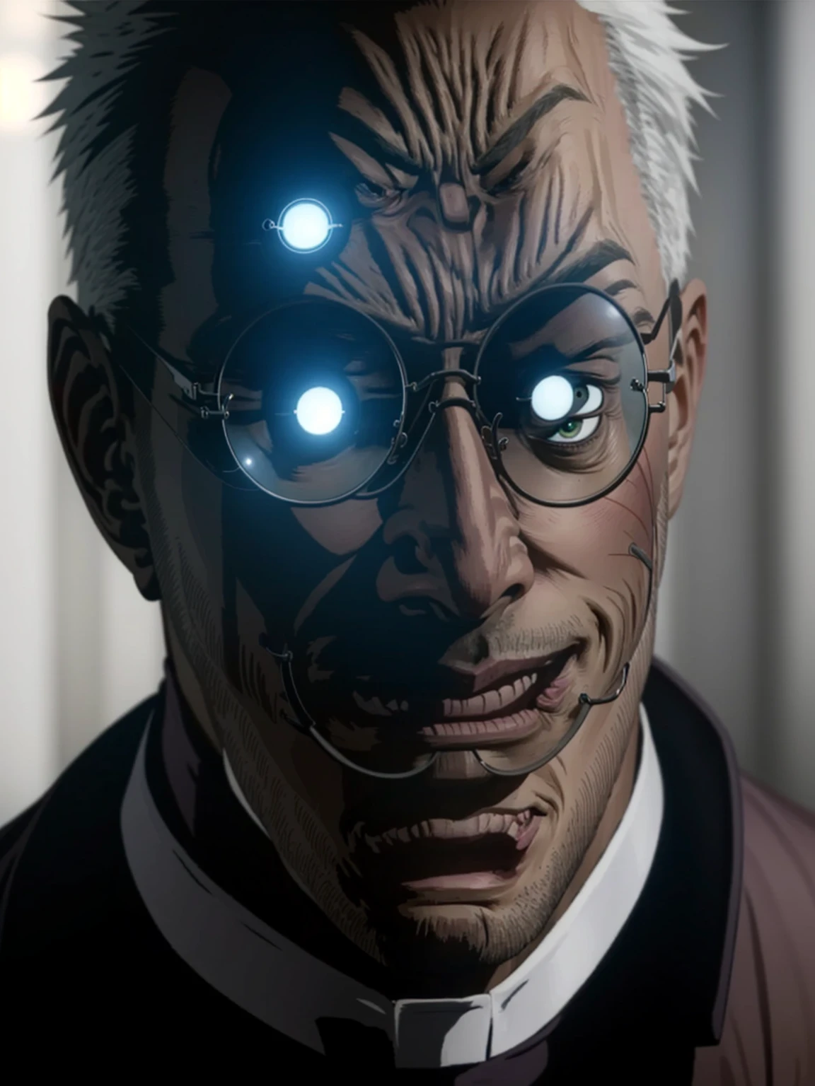 solo male, Alexander Anderson, Hellsing, Catholic priest, short silver-blond hair, green eyes, tanned skin, defined squared jaw, light facial hair, wedge-shaped scar on left cheek, (face in shadow, backlight), round glasses, (opaque glasses, glowing glasses:1.3), black clerical collar shirt with blue trim, (grey coat, open coat:1.2), white gloves, silver cross necklace, (single cross, accurate cross:1.2), mature, middle-aged, imposing, tall, handsome, charming, alluring, (crazy eyes, evil grin:1.3), (portrait, close-up, face focus), face only, perfect , perfect proportions, best quality, masterpiece, high_resolution, dutch angle, photo background, Vatican City, indoor<lora:EMS-315469-EMS:0.800000>