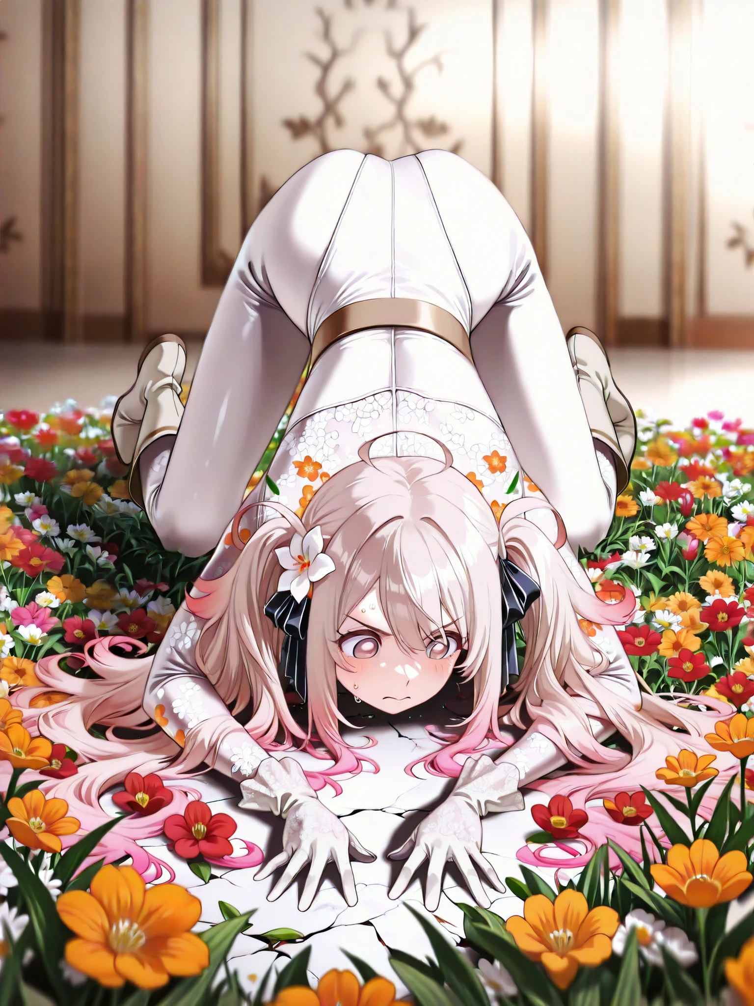 ((言語: 日本語、英語)、(Masterpiece), (Highest Quality), (High Score), (High Resolution),(4k),(Hiding in the flower field),Uncensored,),

(中世のイギリス、(春)、(日中)、(快晴)、(屋外)、1girl,,solo,),

(,(Beautiful gardens, noble residences, flower beds,many flowers),,,(She was in the flowerbed),,(Hiding in the flower field),,(Anatomically accurate structure),),

((,BREAK,(game cg),(beautiful hair,Extremely delicate hair rendering,hairdetailer:1.5),(beautiful detailed face:1.4),(puffy eyes:1.4),[(background blur, soft blurred background, character in sharp focus),:1.4)]))

"((mature woman,lilyspyr00m,hair flower,hair ribbon,Twintails,(Flower Hair Clip), [(gradient hair from grey to light pink:1.4)0.6],bodysuit,White bodysuit,Full-body bodysuit,(red floral pattern, yellow floral pattern, orange floral pattern),,(floral print body suit),white leotard, ruffles, white boots,,(White gloves, frilly gloves),(busty),),((Serious face, seriously),(Sweat on forehead),),BREAK,((on all fours:1.2),
kneeling,
(put hands on floor:1.2),),FALSE(arm above head:0.8),(spread arms:0.8),(Turn head to the right:1),[looking to the side:],[hip forcus:],[cowboy shot:],[overhead shot:1.5],),"
（masterpiece, best quality, very aesthetic）、
(),
（ハイスコア）、（最上級の画像生成）、
(The correct number of fingers, five fingers),
(Sneaking around,(stuck to the wall,standing against the wall.)),(Observing the surroundings),
