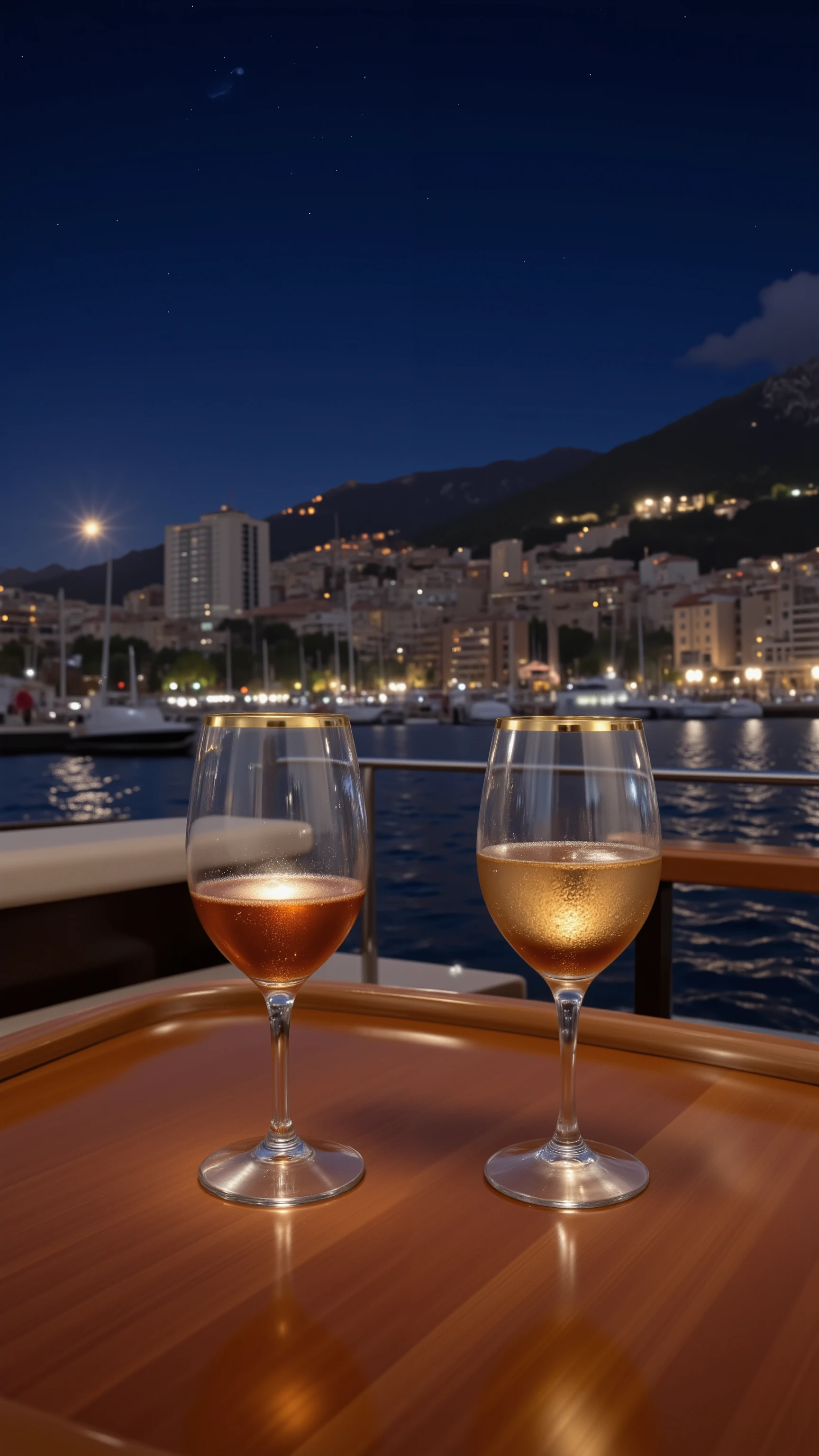 high-definition images、on the yacht deck table、(Gold-rimmed glasses)Night view of Monaco spreads out in the distance