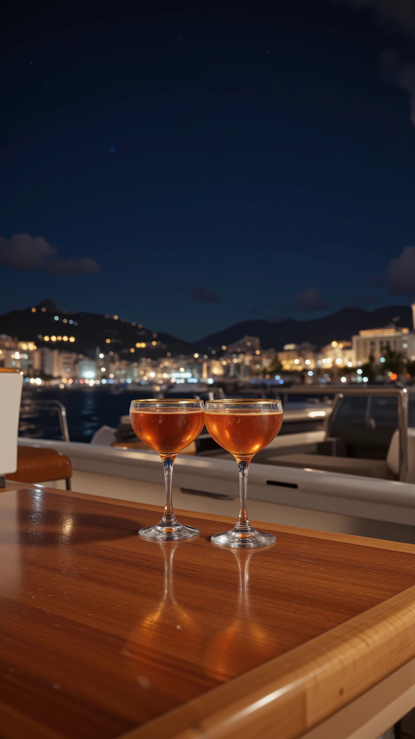 high-definition images、on the yacht deck table、(Gold-rimmed glasses)Night view of Monaco spreads out in the distance