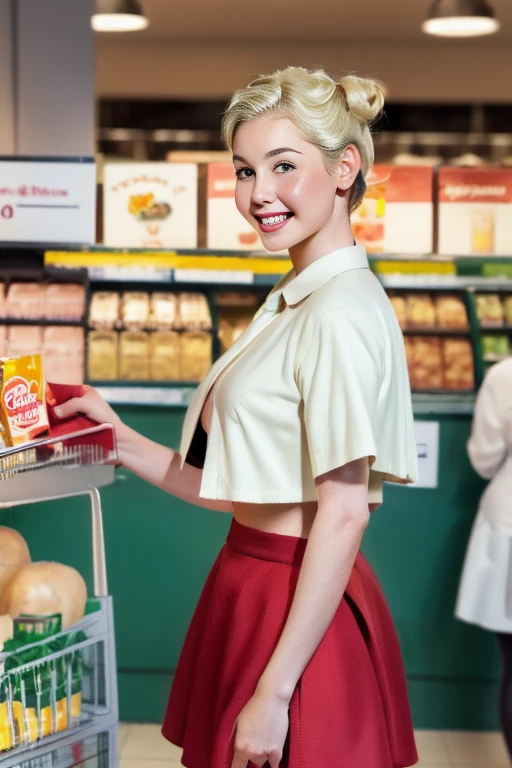 , photorealistic, beautiful face, (masterpiece:1.4), (best quality:1.4), extremely detailed, hyper-detailed, soft lighting, 38 years old beautiful blonde 1950's pinup woman in her late thirties standing in a grocery store, dressed in a unbuttened white blouse and a red skirt, white pearl necklace and white pearl earrings, lace stockings, perfect body, busty, perfect legs, intricate details, masterpiece, bestquality, uhd, 8k, ((plain backgound:1.3)), shaved pubic area, big breasts, hanging breasts, heavily sagging breasts, brown big erected hard , short blonde hairbun with a bow in hair, shaved pubic area, (perfect_face), intricate, 4k, detailed_background, full_body, realistic, 8k, sexy, very cheeky smile, very challenging  expression,pinup512, style-empire
