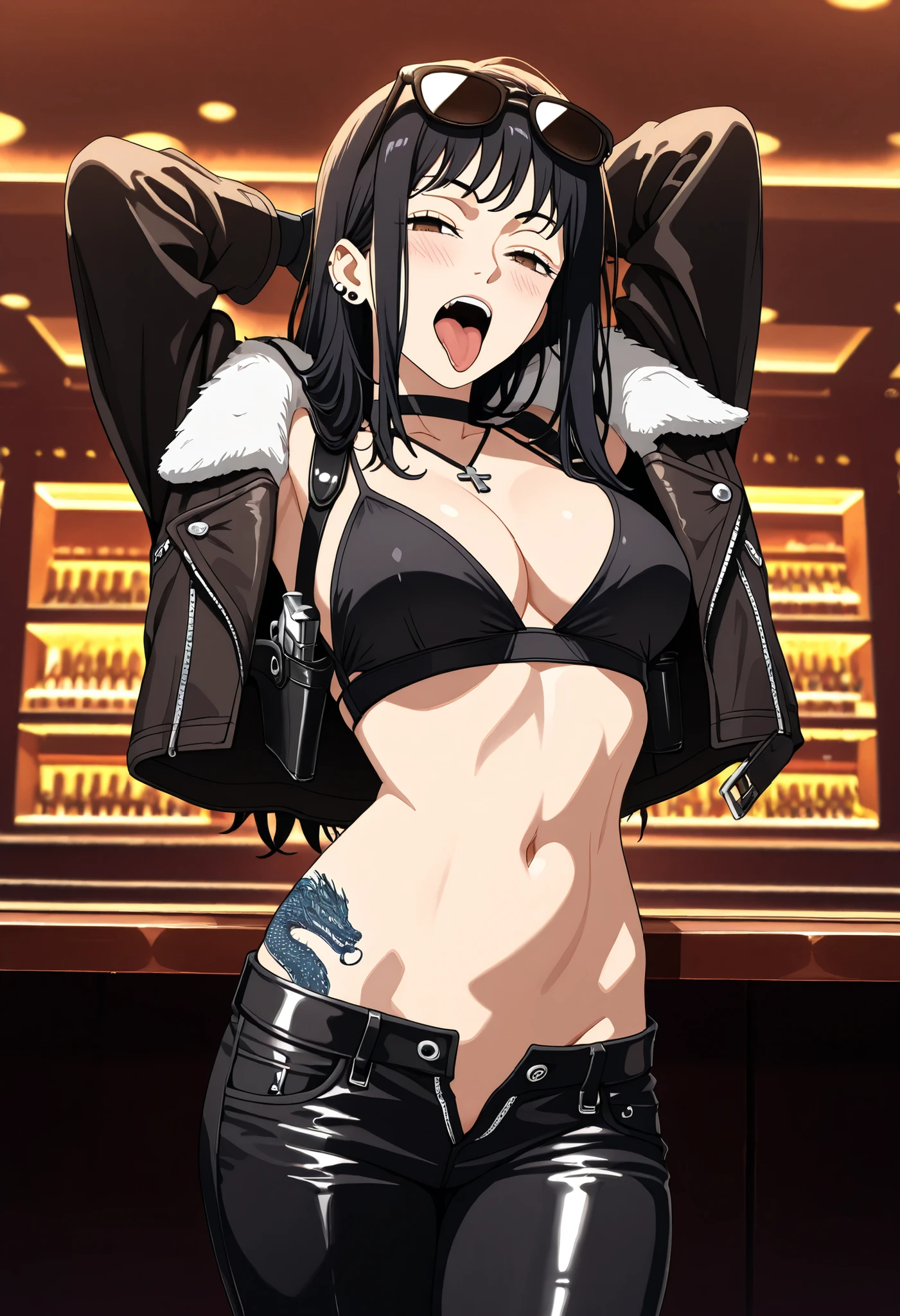 masterpiece, best quality, solo, 1girl, anime coloring, chainsaw man art style, m1fune, smile, smug, blush, looking at the viewer, arms behind head, stretching, , black hair, brown eyes, yawning, black shirt, collared shirt, camisa cropped, clothes written, long sleeve clothing, black pants, dark black clothes, belly, navel, midriff, outdoors, outside building, denim pants, lowrisepants, ultralowrisepants, low rise pants, ultra low rise pants, pants down, ear piercing, long hair, , lipstick, Hot girl, baddie, smoking, sensual, attractive , choker, ,cross necklace,, ,bar background, inside bar ,indoors, , casino, , fur jacket , bare shoulders , white fur , , , leather pants , dark brown , fur , side inserts , belt , weapon holder , weapon , fingerless gloves , leather , forearms , sword , short , strapped , belt , cowboy shot , masterpiece , best quality , highly detailed , a girls with a gun , evil smile , open mouth , sexy gaze , badass pose , evil smile , smile , (nsfw) not safe for work , guns blazing , anime girl with long hair , beautiful long haired girl , navel , evil expression , exposed belly , exposed navel , exposed midriff , exposed lower belly , long black pants , cleavage , unbuttoned leather pants , open fly , low rise black leather pants , leather jacket , holding a gun , holding pistol , unbuttoned shirt , collared shirt , knot , pull_down leather pants , (show off panties , :1 . 2 , no panties) , pull_down long black pants , pull_down black leather pants , zip up leather jacket , bikini top , navel , cross-laced slit ,, tongue out , open mouth ,navel piercing , shoulder holster,, sunglasses on head, medium large Breasts, dragon tattoo on waist, narrowed eyes, tattoo on waist,, anipai_style , anime screencap , anime coloring,,