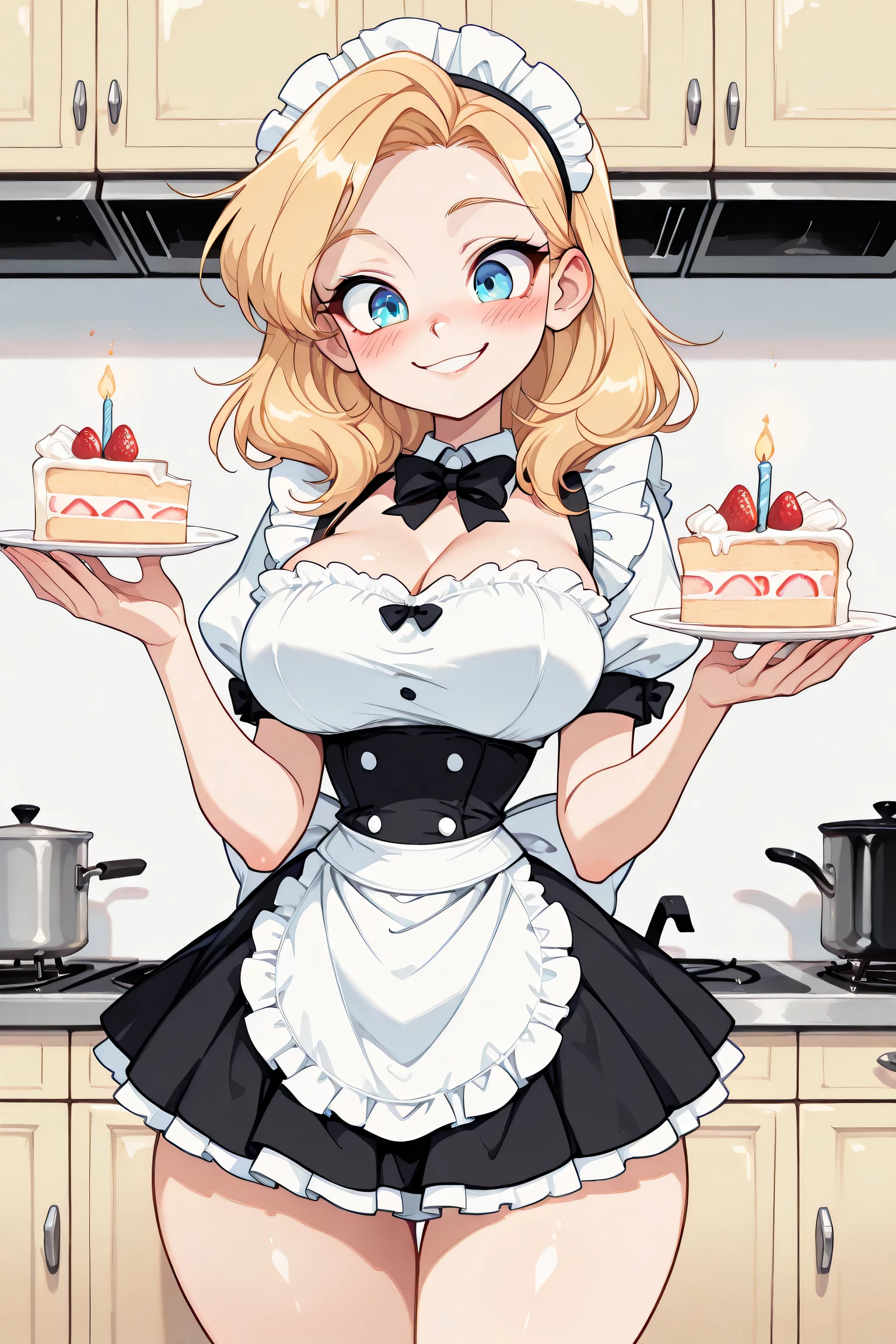 score_9, score_8_over, score_7_over, (((masterpiece))), (((high resolution))), (((only 1 girl))), (long blonde hair), half body, shading, sharp focus, blue eyes, (thin waist, wide hips), large breasts, simple anime style, sexy maid cosplay, sexy maid skirt, blush, smile, holding a cake, kitchen