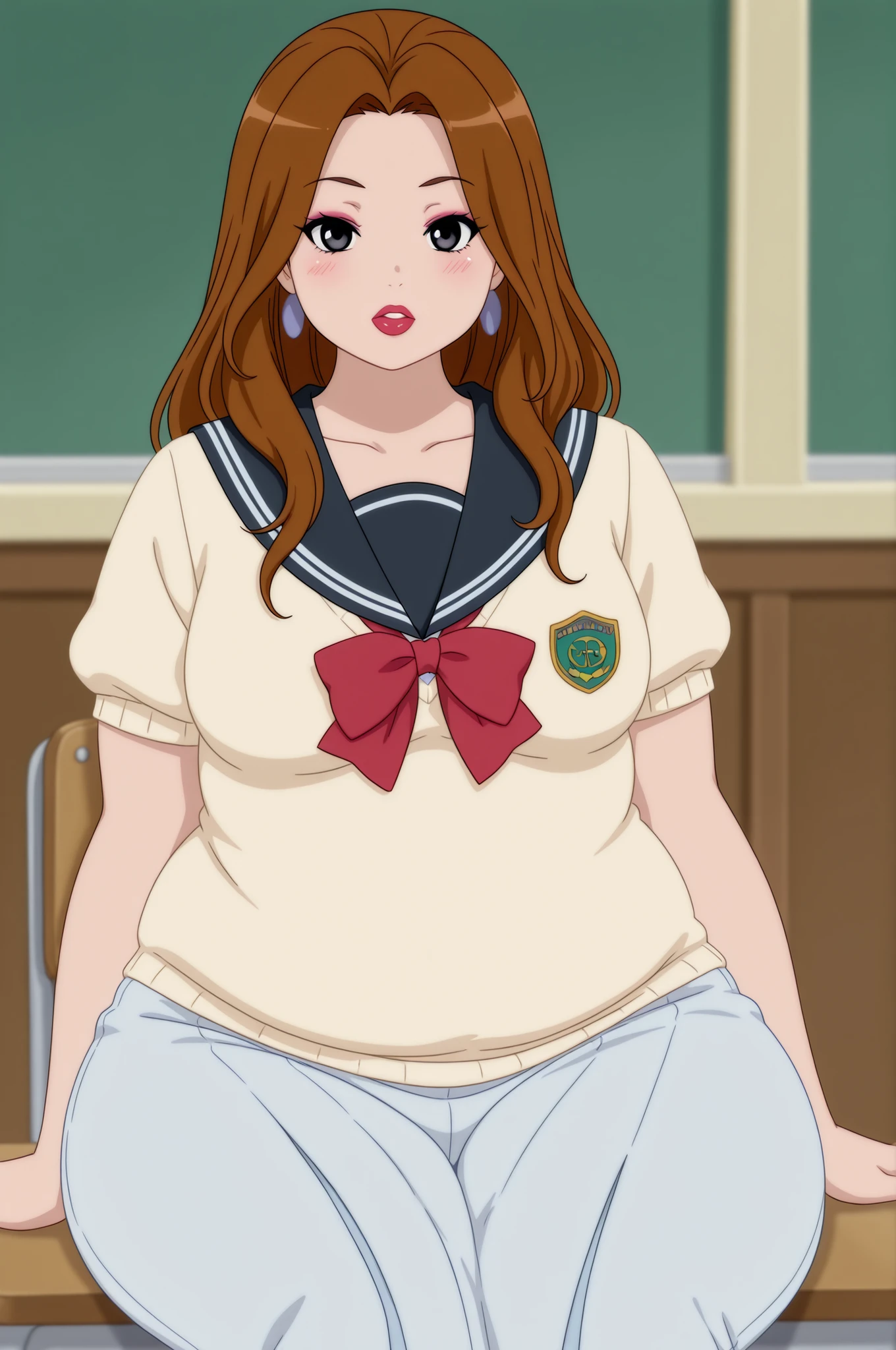 Debra, small . Pale red lipstick, brown hair, black eyes, pale red makeup, long hair, thick , chubby, overweight, chubby, fat, mature woman..|  anime screencap, score_9, score_8_up, score_7_up, source_anime BREAK dwreiko, 1girl, solo, indoors, classroom BREAK latex school uniform, knitted sweater, serafuku, black sailor collar, short sleeves,  bow, looking at viewer, parted lips, blush, sitting