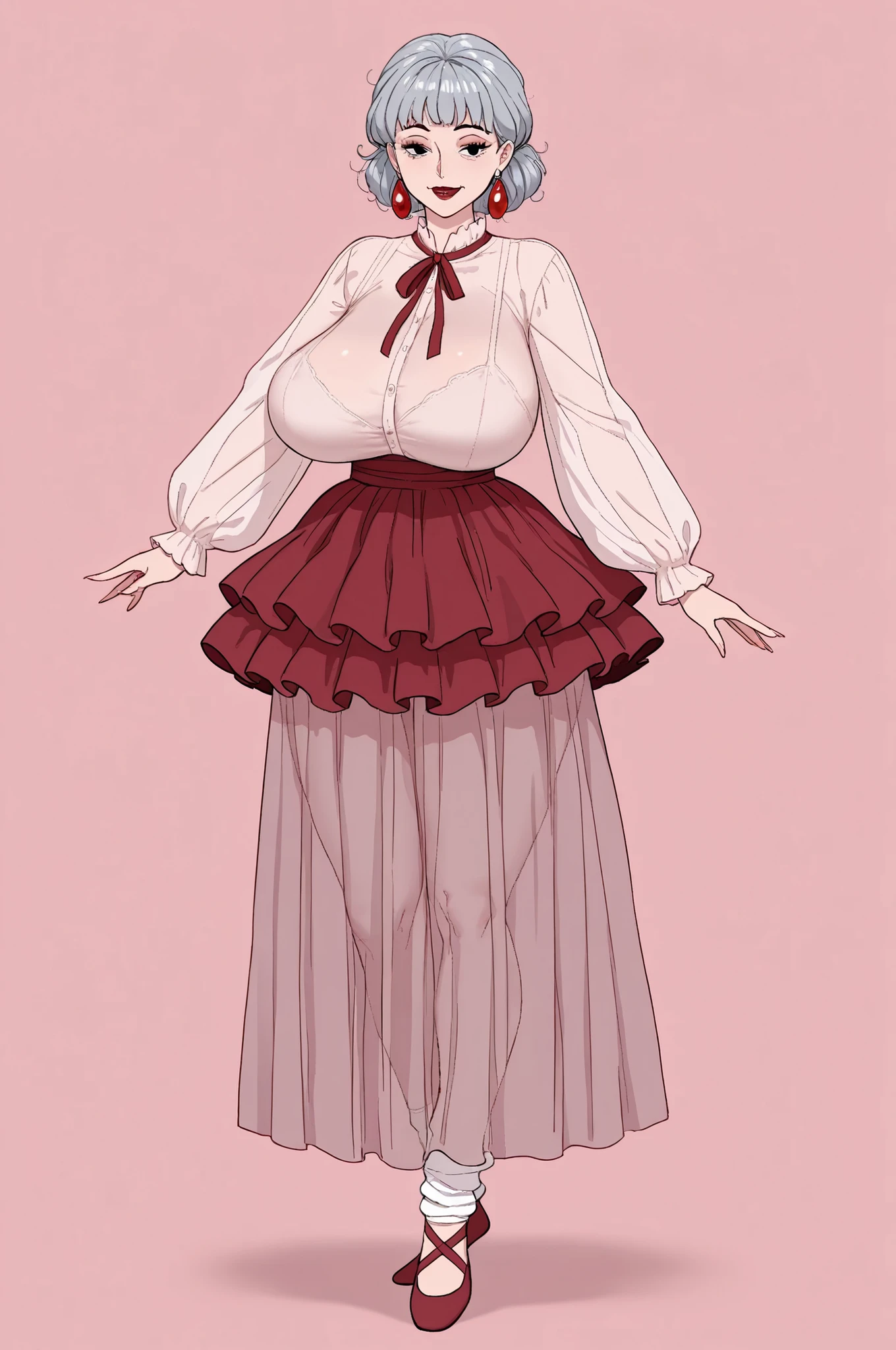 Grandma. gray hair, black eyes, short hair, dark red lips, wrinkles, earrings, makeup, huge saggy breasts, | perfect quality, best quality, masterpiece, 1girl, solo, ballet background, pink background, smile, layered skirt, long skirt, ribbon, see-through, tulle, loose socks, ballet slippers, long sleeves,