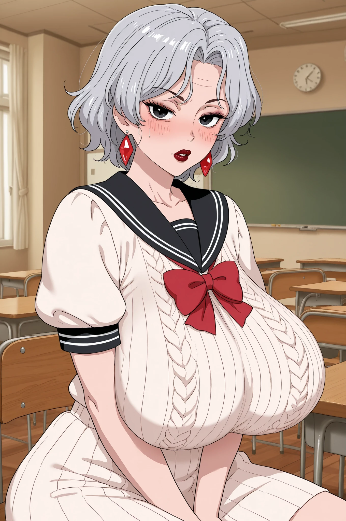 Grandma. gray hair, black eyes, short hair, dark red lips, wrinkles, earrings, makeup, huge saggy breasts, | anime screencap, score_9, score_8_up, score_7_up, source_anime BREAK dwreiko, 1girl, solo, indoors, classroom BREAK latex school uniform, knitted sweater, serafuku, black sailor collar, short sleeves, bow, looking at viewer, parted lips, blush, sitting