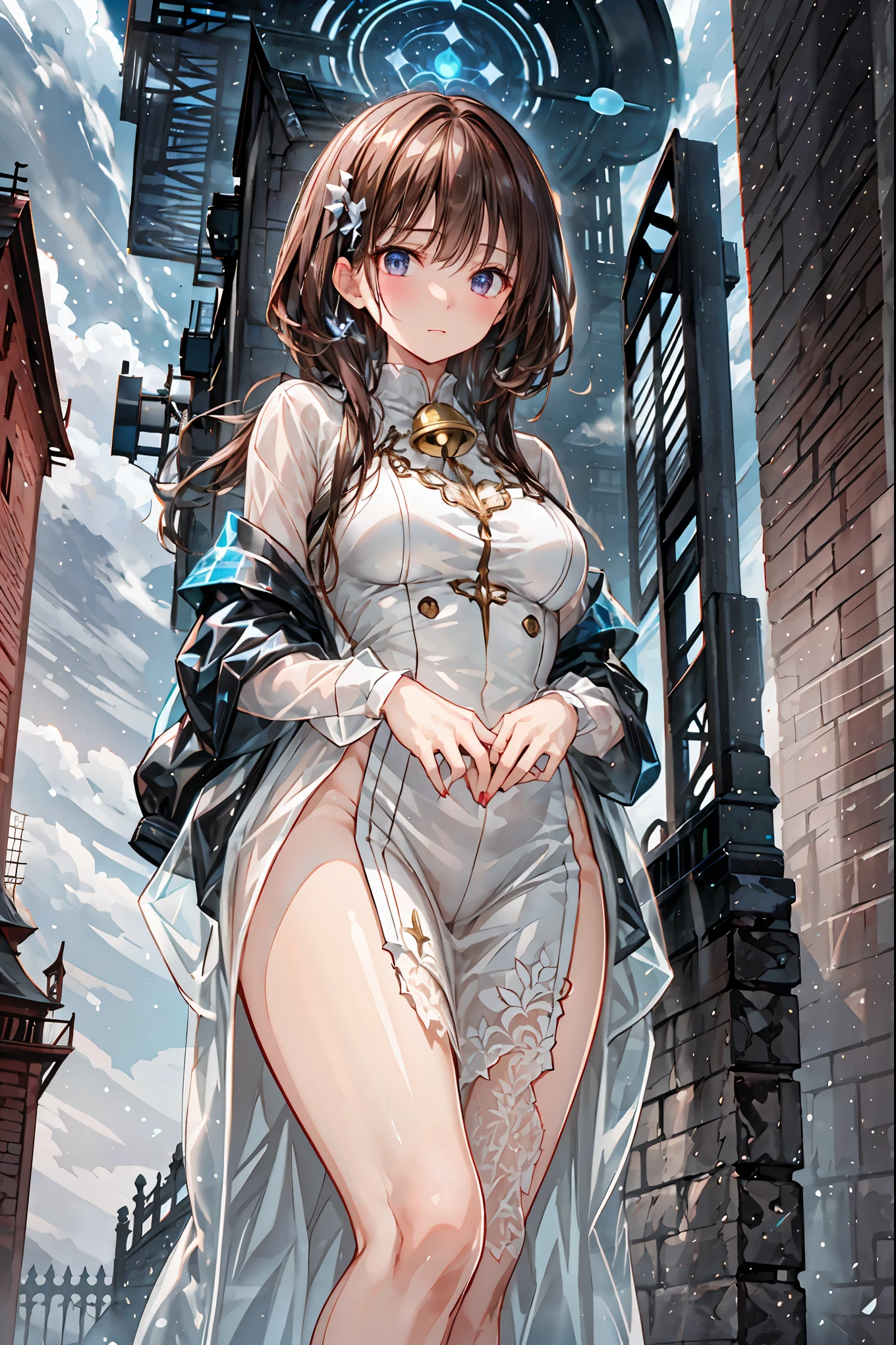 (White clothing),white latex female body silhouette, look, Shiny Latex Material Sticking to the Body,((from below:1.2)),Bust Shot, ((最High Quality)), (very detailed), (High Definition CG Composite 8K Wallpaper), meteor、空から降り注ぐmeteor、無数のmeteor群、高いly detailed, 高い-definition raw colbor photos, professional photography, Depth of Written Boundaries,Dark, Smoky Hazardous Environments, bright spotlight, Red or Black Tones, High Quality,4K,Realistic,Professional,EXTREME DETAILS,Vivid Colors,Bokeh Style,((Top of the big bell tower)),Lithuanian, ((In Vilnius)), ((Vilnius Cathedral)) and ((Gediminas Tower)) ,Background,((Cathedral Square)),Cumulonimbus,contrail、perfect hands、perfect finger、perfect palm 、Perfect Nails、Perfect Thumb 、perfect index finger 、perfect middle finger、perfect ring finger、perfect little finger、perfect textured hand