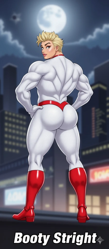 masterpiece, best quality, amazing quality, <lora:OmnimanIL:0.9>, OmnimanIL, 1boy, solo, black hair, short hair, blue eyes, male focus, mature male, mustache, muscular, white , red , white boots, squatting, looking back, thick thighs, focus , smirk