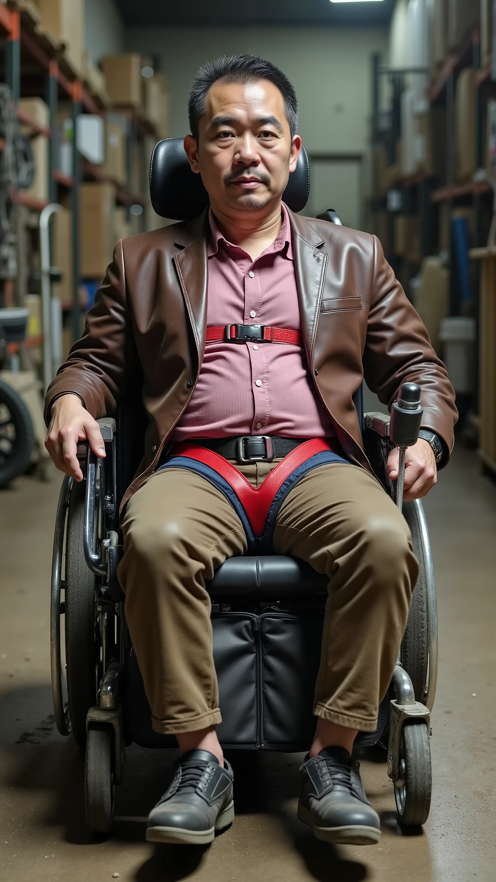 (Wide angle cinematic image taken inside of a dirty warehouse with mud and grime :1.6) (at the center of the image a thin muscular fit middle age Japanese Asian man sits in a wheelchair with a padded seat and headrest, he has a thick padded blue neoprene harness on with five points of attachment, a red belt goes between his legs for crotch strap, he has a shiny red leather hip belt and his right hand rests on a joystick on the armrest :1.6) (man is wearing a brown leather blazer with a pink vinyl shirt :1.4) (man is wearing dirty brown leather pants with black leather sneakers :1.5)