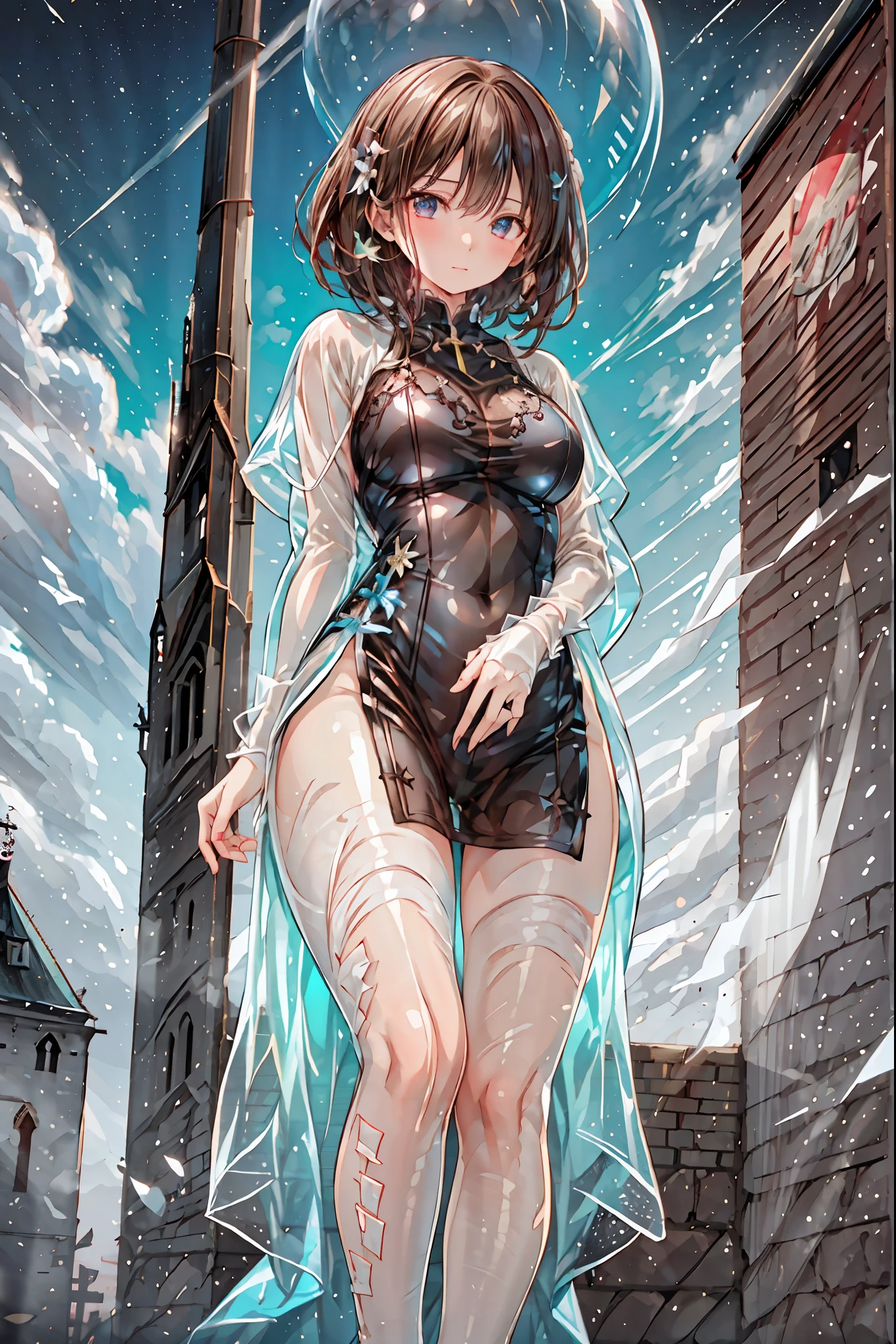 (White clothing),white latex female body silhouette, look, Shiny Latex Material Sticking to the Body,((from below:1.2)),Bust Shot, ((最High Quality)), (very detailed), (High Definition CG Composite 8K Wallpaper), meteor、空から降り注ぐmeteor、無数のmeteor群、高いly detailed, 高い-definition raw colbor photos, professional photography, Depth of Written Boundaries,Dark, Smoky Hazardous Environments, bright spotlight, Red or Black Tones, High Quality,4K,Realistic,Professional,EXTREME DETAILS,Vivid Colors,Bokeh Style,((Top of the big bell tower)),Lithuanian, ((In Vilnius)), ((Vilnius Cathedral)) and ((Gediminas Tower)) ,Background,((Cathedral Square)),Cumulonimbus,contrail、perfect hands、perfect finger、perfect palm 、Perfect Nails、Perfect Thumb 、perfect index finger 、perfect middle finger、perfect ring finger、perfect little finger、perfect textured hand