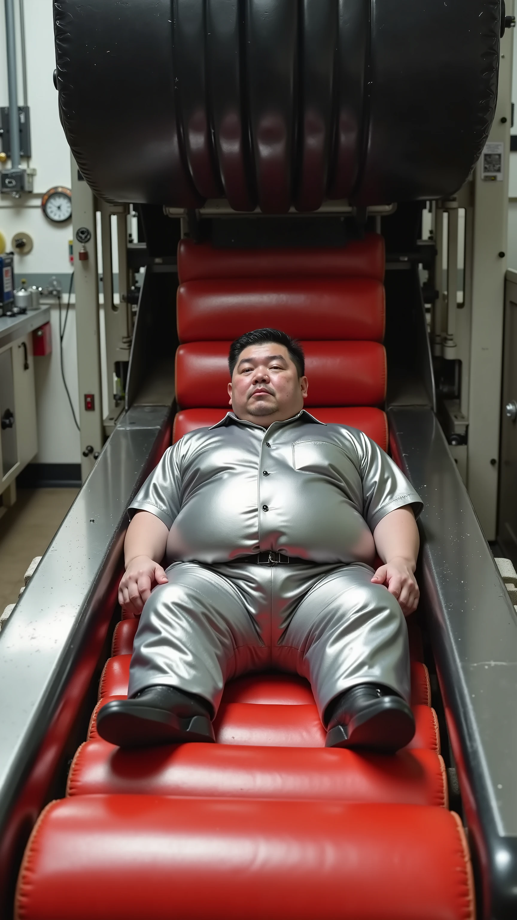 A fat ugly japanese middle aged man wears a shining silver uniform shirt and shining silver uniform pants, he is laying on a conveyor belt made of shiny padded red rubber, a heavy shiny black rubber press made of shiny padded rubber looms above her body about to flatten her