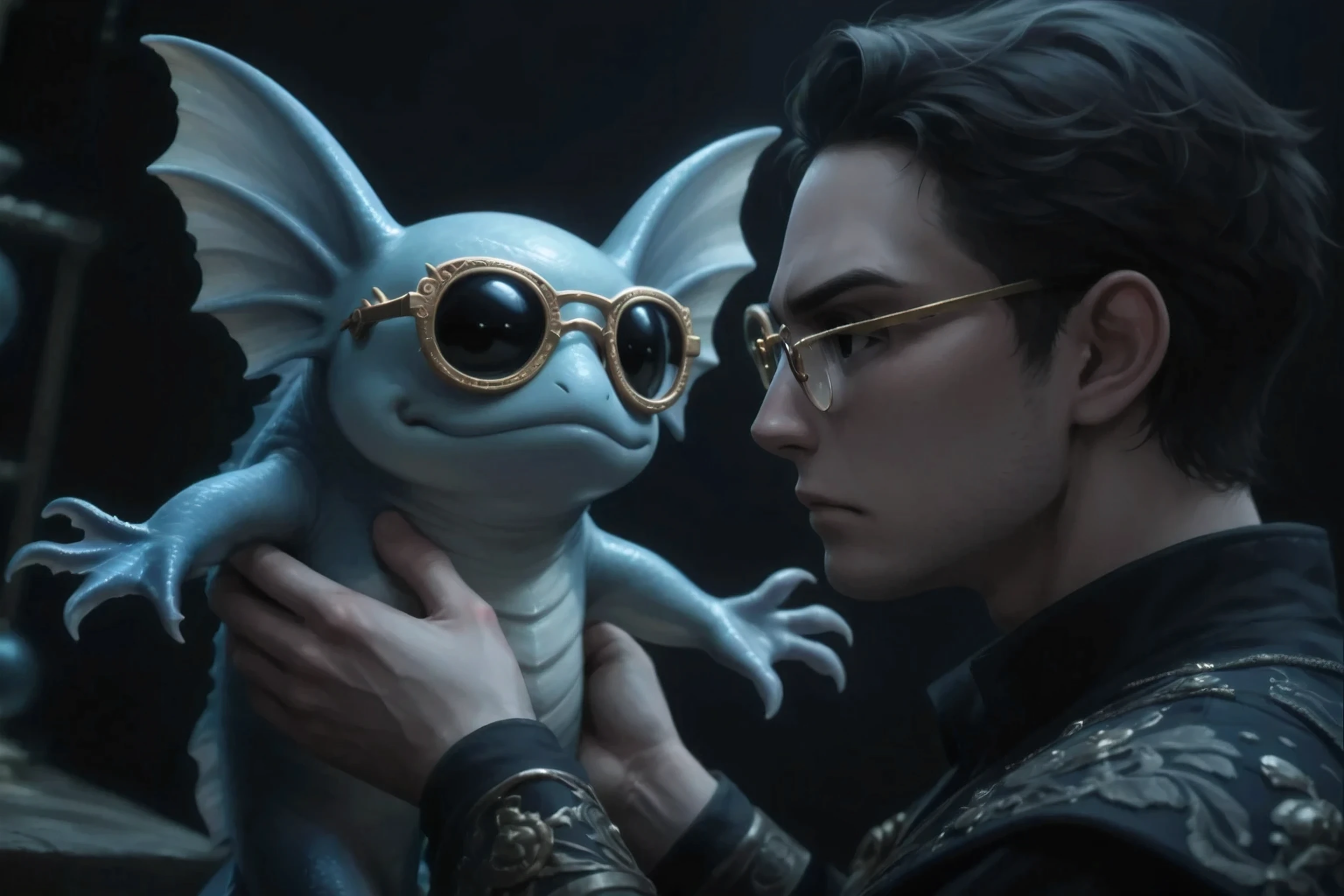 in the background, the best quality, Ultra-detailed,
dark aesthetics. Gloomy shot. dark fantasy style. (пожилой учёный).
(Very close-up A man in profile with a serious face with gold-rimmed glasses holds in front of him, on arms outstretched in profile, a big blue creature with big black eyes, cute, like an axolotl with 2 large fins on his head:1.3). (on the creature's face there are large gold-framed glasses that look like aviator glasses:1.2), (a creature in profile looks at a man), Against the background, the alchemy laboratory.
Severely blurred dark background. adentura dark atmosphere. Drops of water on material. contrast. Strong light falls in areas giving long soft shadows. Texture of steel and elements. Dark blue beautiful fabric, dark rich clothes with fantasy patterns.