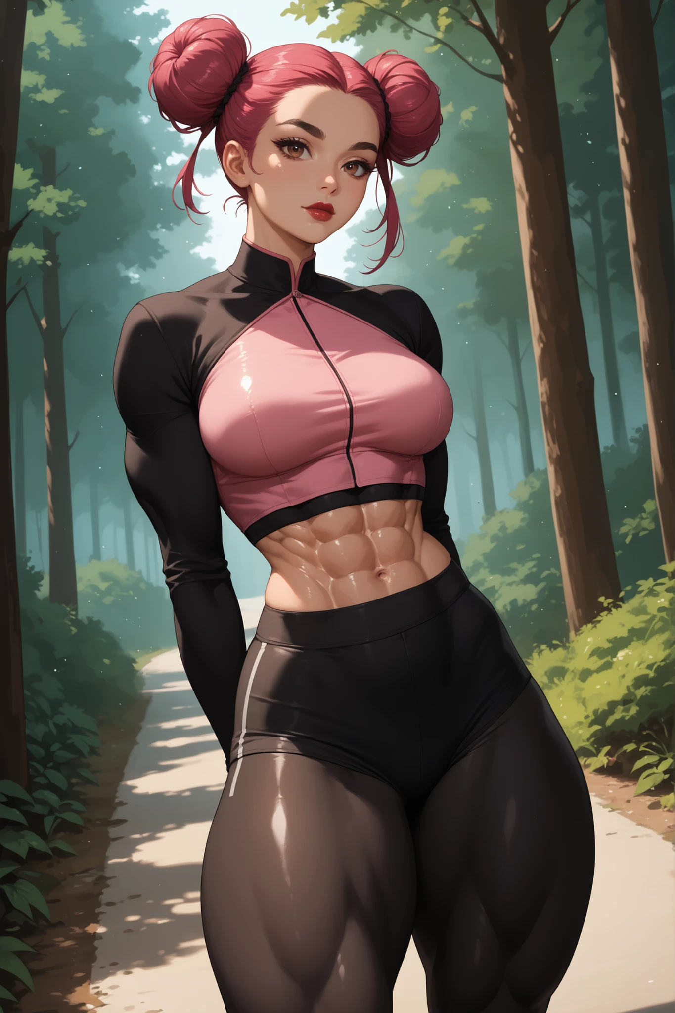 Forest, trees, road, perfect body, perfect face, ((pink top knot hair double bun)), (forehead), black thick eyebrows, brown eyes, dark red lips, closed mouth, beautiful female, (black long sleeves crop top, crop top), (medium breasts, perfect breasts), (muscles), (abs), (thick thighs:1.4), standing, (black leggings), arms behind back, (((shiny skin))), (((glossy skin)))