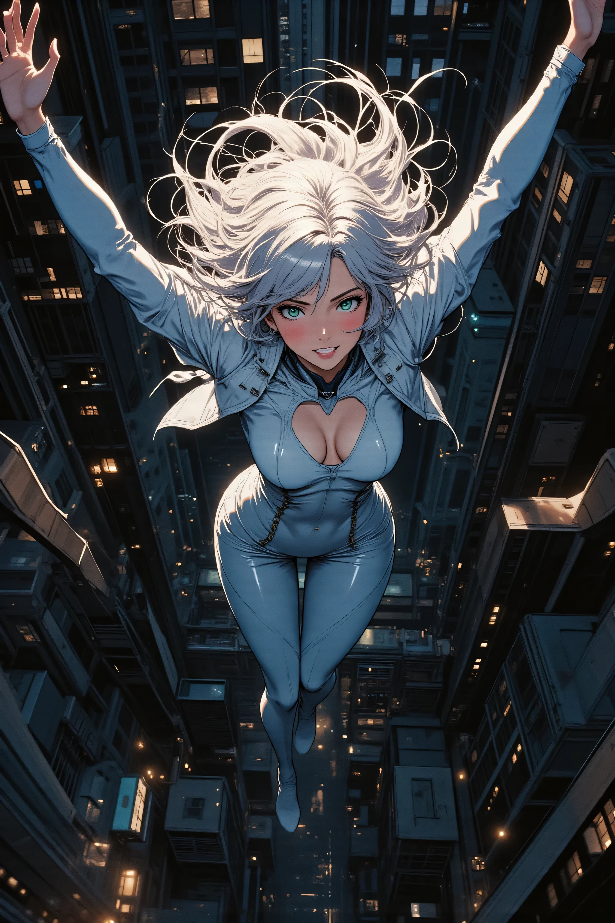 Full body shot, dynamic action pose, angled pose, three-quarter view, with ample space, no cropping.
She is captured mid-air, falling gracefully through the sky with both arms spread wide, as if soaring or descending with purpose.
Her body is subtly arched, conveying a sense of freedom and control in her descent.

A tall, beautiful, and charismatic 25-year-old woman, a formidable secret agent.
Her youthful Japanese anime face has soft rounded features and flat green anime-style eyes.
Her expression is a calm, confident, and knowing smile, her eyes sparkling with cool determination and subtle satisfaction.
Sleek, long waist-length hair of pure white snow with blunt bangs streams dynamically upwards or sideways, whipped by the wind of her fall.
Wearing a sleek, skin-tight, pale blue  made of high-gloss, reflective material. The suit has stylish geometric openings at the  and navel.

The background is a predominantly dark, deep night sky, with only a very subtly blurred, distant night city skyline below, showing faint glimmers of light.
The dark, ambient sky suggests a high altitude, with minimal cloud or atmospheric haze, emphasizing the vast emptiness.
Below her, the blurred urban sprawl is barely visible, a sparse mosaic of dim lights.

Aesthetic: retro anime, gritty cyberpunk, stylized portrait, epic action, cinematic grandeur.
Color Palette: Dominant deep blacks and dark blues of the night sky, with very sparse, muted neon accents from the distant city lights.
Lighting: Dramatic, strong rim lighting from a highly obscured light source far below, highlighting her silhouette and form against the deep dark. Minimal ambient glow.
Mood: Cool, confident, powerful, and utterly in control, capturing a serene yet thrilling descent.
Technicals: shallow depth of field (focusing on the character), subtle motion blur on the background, atmospheric perspective, faint bokeh effects from distant city lights.
