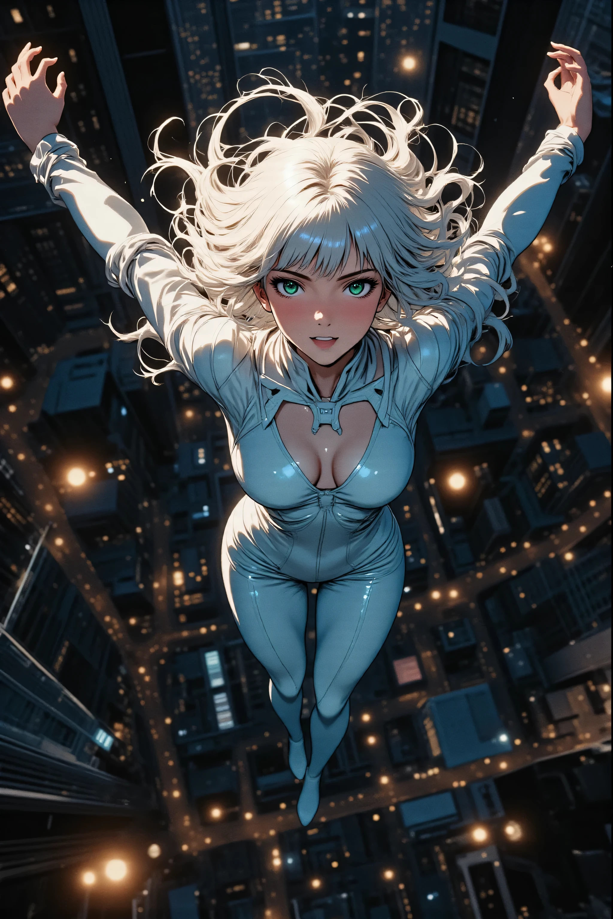 Full body shot, dynamic action pose, angled pose, three-quarter view, with ample space, no cropping.
She is captured mid-air, falling gracefully through the sky with both arms spread wide, as if soaring or descending with purpose.
Her body is subtly arched, conveying a sense of freedom and control in her descent.

A tall, beautiful, and charismatic 25-year-old woman, a formidable secret agent.
Her youthful Japanese anime face has soft rounded features and flat green anime-style eyes.
Her expression is a calm, confident, and knowing smile, her eyes sparkling with cool determination and subtle satisfaction.
Sleek, long waist-length hair of pure white snow with blunt bangs streams dynamically upwards or sideways, whipped by the wind of her fall.
Wearing a sleek, skin-tight, pale blue  made of high-gloss, reflective material. The suit has stylish geometric openings at the  and navel.

The background is a predominantly dark, deep night sky, with only a very subtly blurred, distant night city skyline below, showing faint glimmers of light.
The dark, ambient sky suggests a high altitude, with minimal cloud or atmospheric haze, emphasizing the vast emptiness.
Below her, the blurred urban sprawl is barely visible, a sparse mosaic of dim lights.

Aesthetic: retro anime, gritty cyberpunk, stylized portrait, epic action, cinematic grandeur.
Color Palette: Dominant deep blacks and dark blues of the night sky, with very sparse, muted neon accents from the distant city lights.
Lighting: Dramatic, strong rim lighting from a highly obscured light source far below, highlighting her silhouette and form against the deep dark. Minimal ambient glow.
Mood: Cool, confident, powerful, and utterly in control, capturing a serene yet thrilling descent.
Technicals: shallow depth of field (focusing on the character), subtle motion blur on the background, atmospheric perspective, faint bokeh effects from distant city lights.
