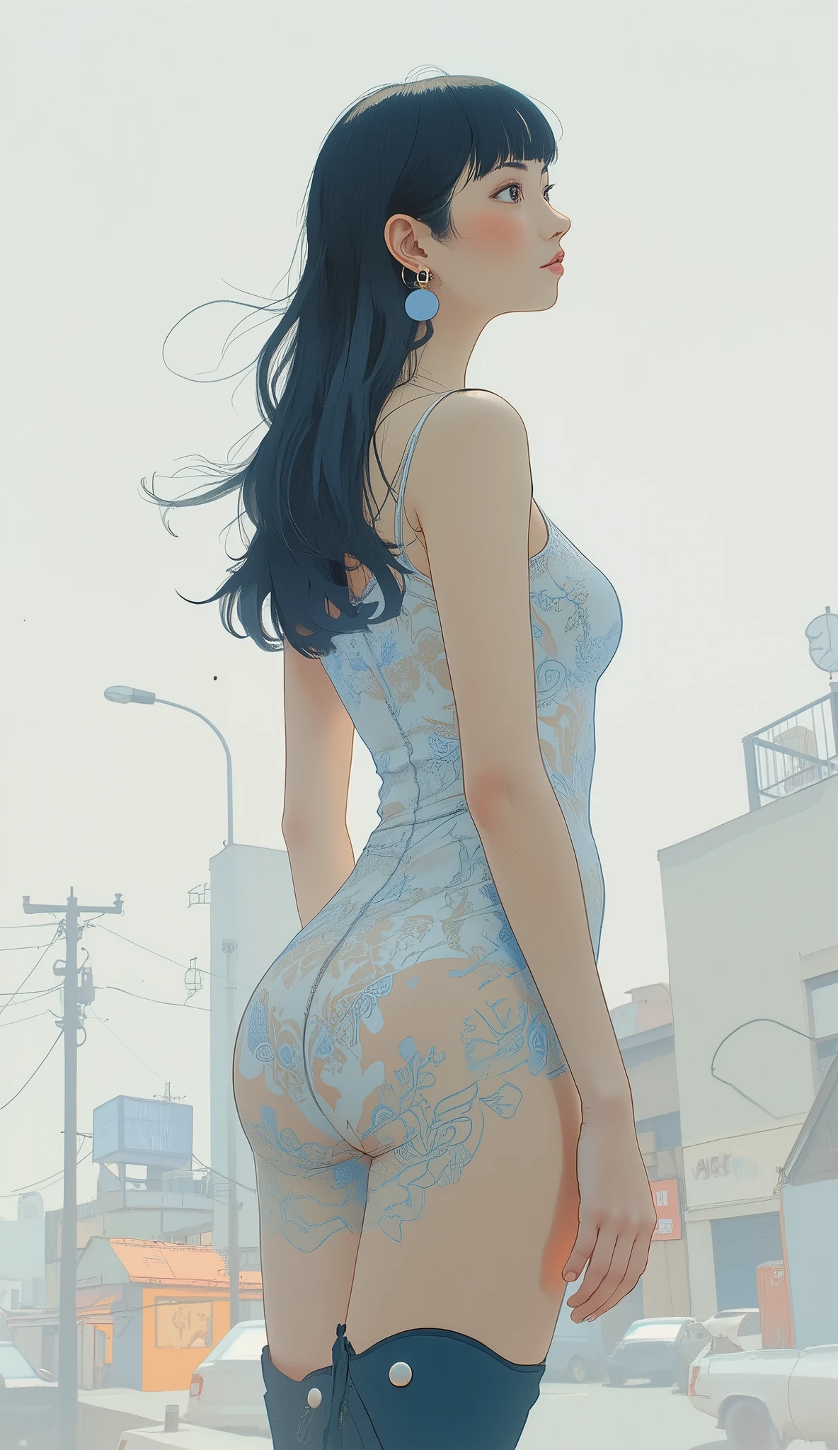 profile、shot from below、 womanhood ,White background with blue accents、fitted white sheer lace fabric bodysuit with blue accents on white background、the body line is clear,,dark hair、Matching bangs、beautiful Japanese girl、big boobs、looking up obliquely、dynamic、action、heroine、dynamic Composition、dynamic Angle、