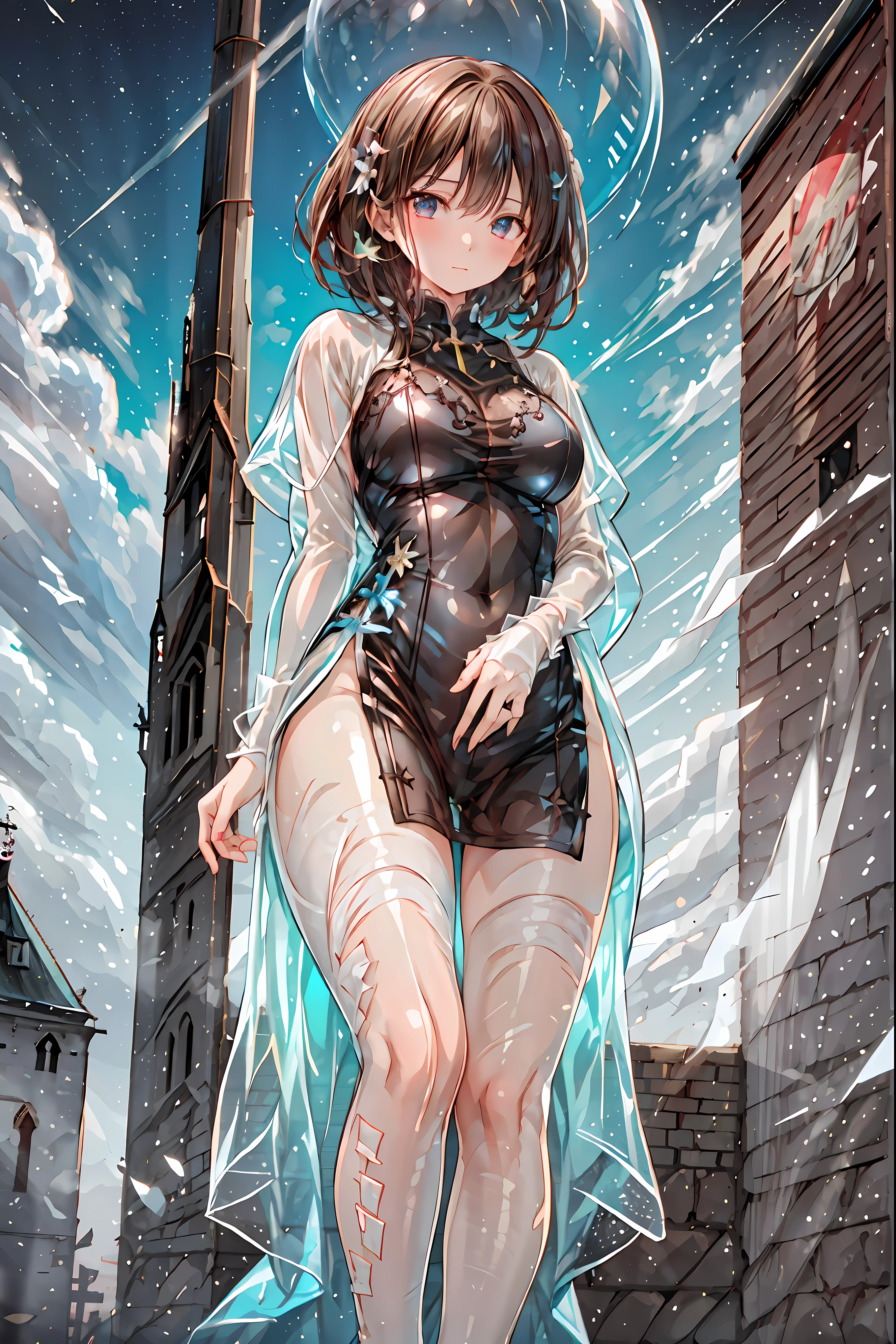 (White clothing),white latex female body silhouette, look, Shiny Latex Material Sticking to the Body,((from below:1.2)),Bust Shot, ((最High Quality)), (very detailed), (High Definition CG Composite 8K Wallpaper), meteor、空から降り注ぐmeteor、無数のmeteor群、高いly detailed, 高い-definition raw colbor photos, professional photography, Depth of Written Boundaries,Dark, Smoky Hazardous Environments, bright spotlight, Red or Black Tones, High Quality,4K,Realistic,Professional,EXTREME DETAILS,Vivid Colors,Bokeh Style,((Top of the big bell tower)),Lithuanian, ((In Vilnius)), ((Vilnius Cathedral)) and ((Gediminas Tower)) ,Background,((Cathedral Square)),Cumulonimbus,contrail、perfect hands、perfect finger、perfect palm 、Perfect Nails、Perfect Thumb 、perfect index finger 、perfect middle finger、perfect ring finger、perfect little finger、perfect textured hand