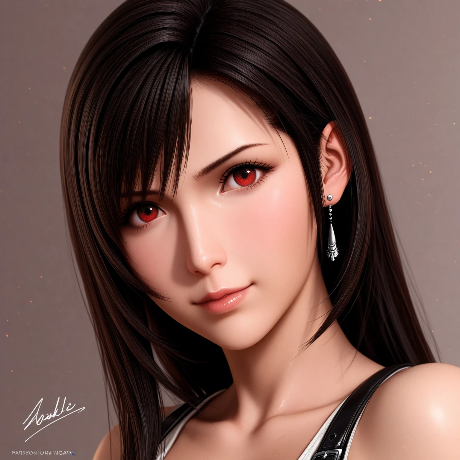 ff7r style, tifa lockhart,
1girl, solo, long hair, earrings, jewelry, red eyes, black hair, looking at viewer, realistic, blurry, parted lips, blurry background, tank top, swept bangs, lips, portrait, suspenders,  shoulders, brown eyes, bangs
, ((masterpiece))
