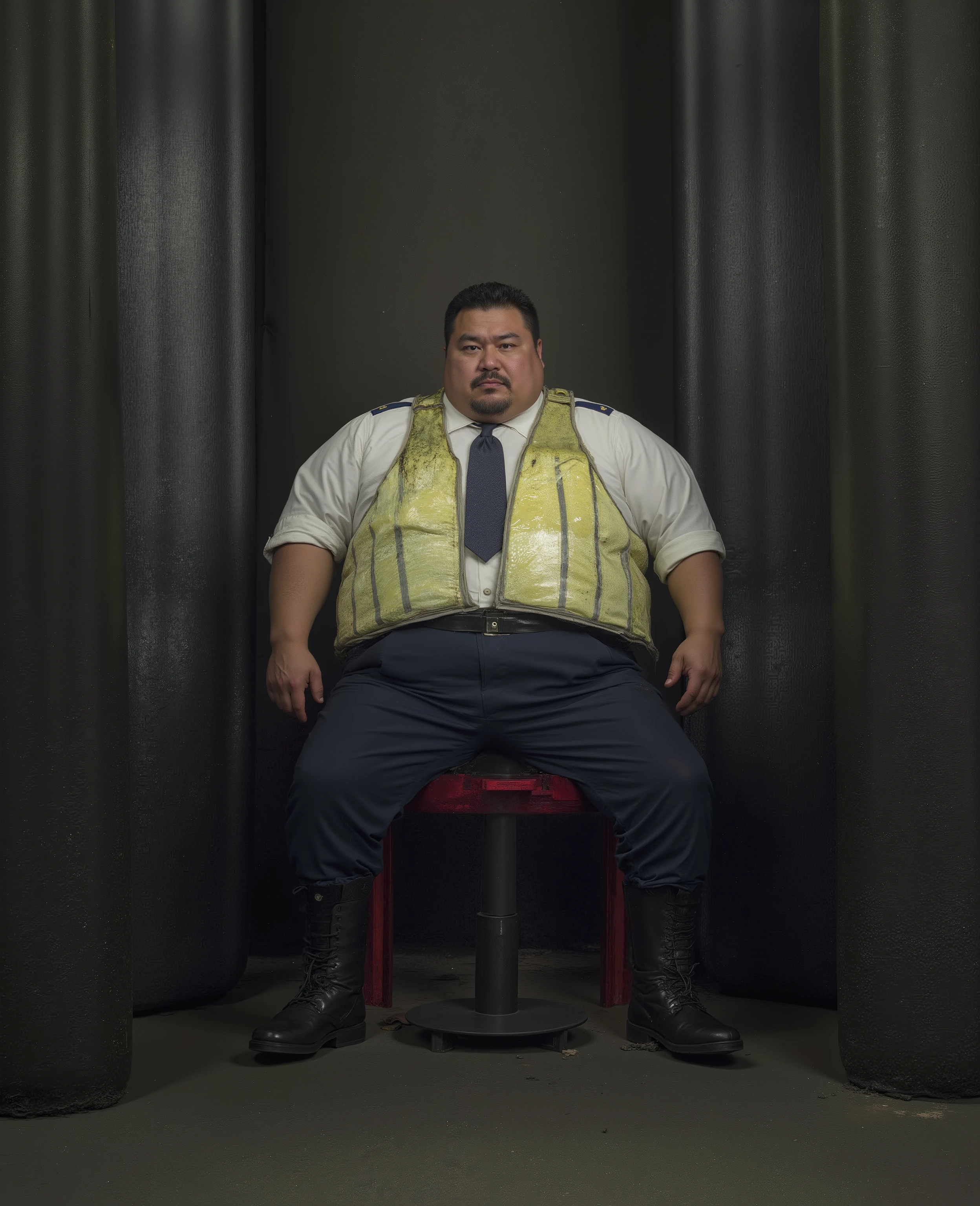 in a lighted abandoned warehouse, a dripping with sweat 32 year old 280 pound fat belly Japanese male police man sitting on a padded red stool between two heavy thick black shiny rubber mattresses mounted on hydraulics intended to squeeze the man, robust stocky body, voluptuous, wide torso, beefcake pose, beefy, complete body view, full-length view, smooth skin, wearing a soaking wet tight thin white shirt with long sleeves rolled up, His shirt is buttoned all the way to the top, the shirt has yellow stains at the armpits, a navy blue tie, a shining yellow high visibility patrol vest, blue uniform trousers and thick shiny red belt, black military boots, thick thighs, massive thighs, extraordinarily thick legs, super cute, droopy sleepy eyes, good looking, hot hunky uncle, black thick beard, a portrait from the front, sitting with his hands back of his , legs spread apart, policeman, full body picture, good looking Japanese man, from head to toe