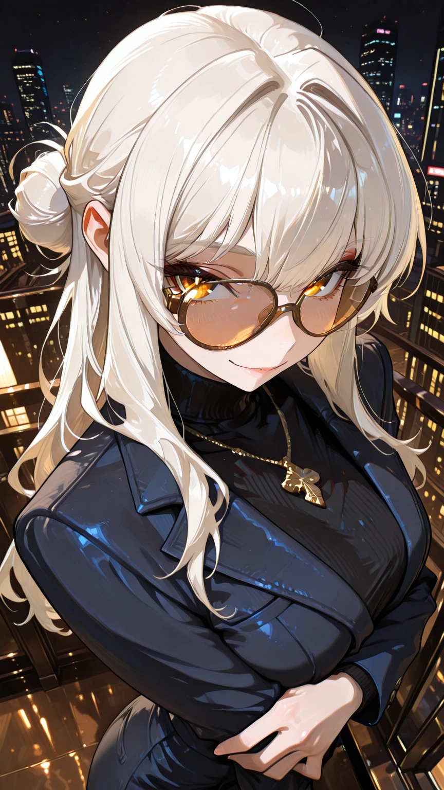 Straight Hair、Brown Hair,((Highly detailed golden dress)), Looks about , (beautiful girl: 1.3),1girl,Highest quality,8k,Highly detailed CG unit wallpaper,masterpiece:1.2,Highest quality,Ultra-high resolution,RAW Photos,Realistic textured skin,Cinema Lighting,happy,Big eyes,Detailed eyes,Wet,Wet,(Glossy lipstick,Perfect Makeup,Ultra-high definition beauty face,Huge building,Metropolis,,(Big, round and beautifully shaped ),(Standing on the rooftop of a skyscraper in Cyber City),(Panoramic View),night,Detailed neon lights,shoot from front,close up,extreme, silver hair, heart style sunglass,