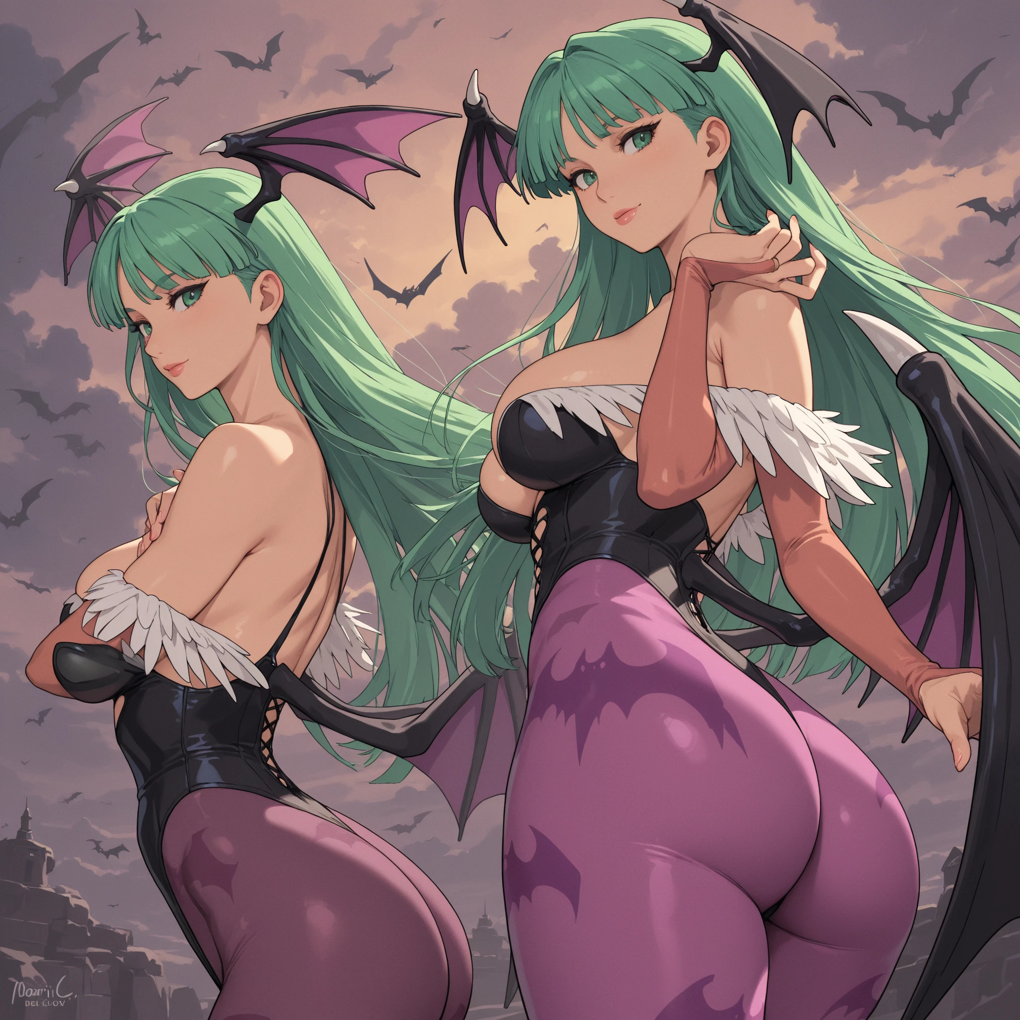 <lora:FComic1To3Page_SD15_1:0.7>(2page),comic,Multi view, Frame, Text, speech bubble, frame, heart, trembling, focus line, vibrating line, comic expression, Sound effect,1girl, solo focus, skirt lift, shirt lift, show off nipple, show off pussy , nipple , pussy ,hetero, oral, fellatio, irrumatio, paizuri,(full body:1.3), (cowboy shot),
 <lora:add_detail:1>
 <lora:Darkstalkers_MorriganAensland_v1.0:1> (Darkstalkers_MorriganAensland), 1girl, solo, long hair, green hair, demon girl, green eyes, 1990s, bangs, blunt bangs, blush, collarbone, demon wings, looking at viewer, low wings, shiny skin, sexy, black stockings,