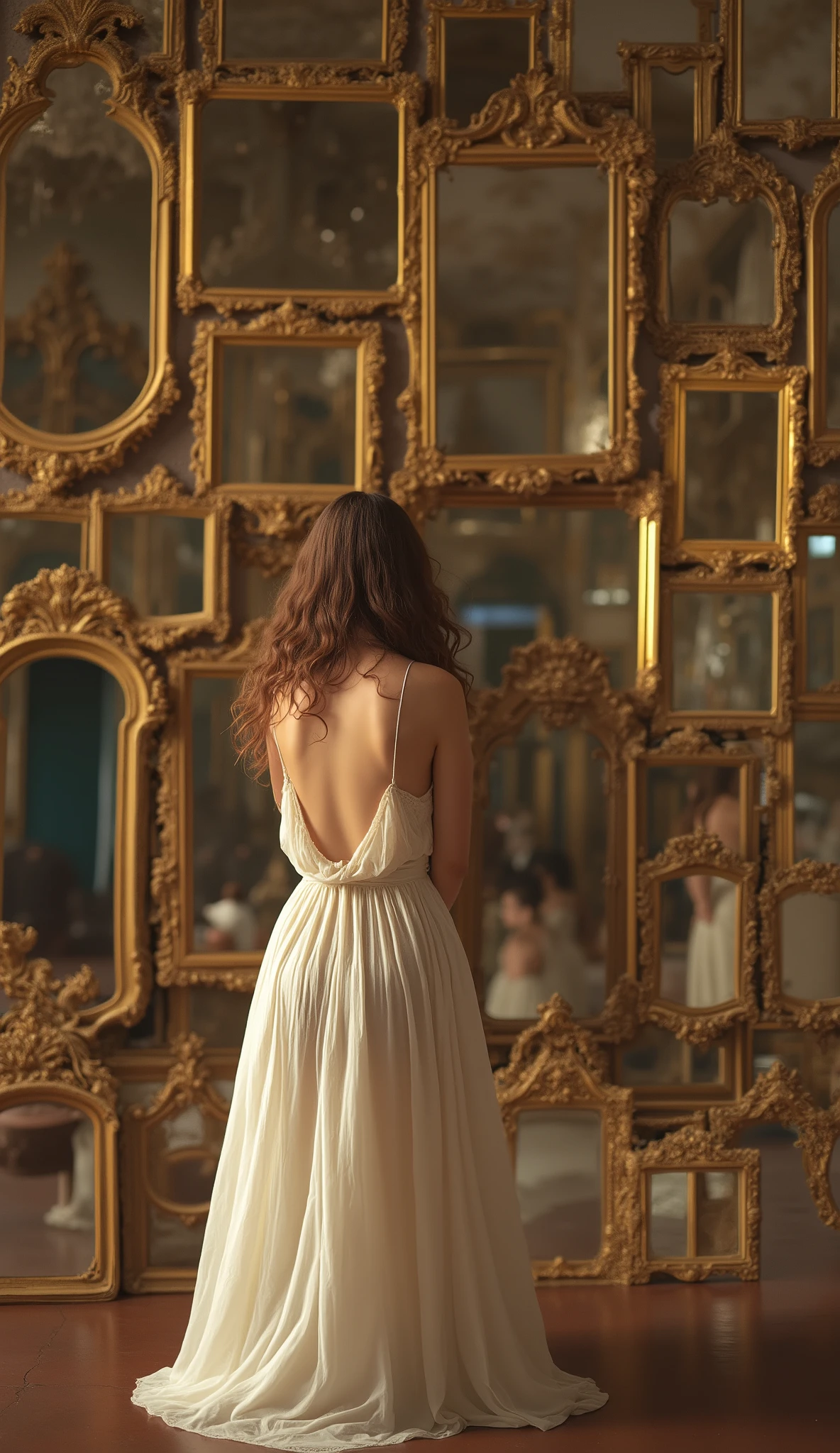 A beautiful woman with flowing hair and delicate features standing in the center of a room surrounded by ornate antique mirrors of various sizes and shapes. Her elegant dress catches the light as she gazes at her infinite reflections. The mirrors create a kaleidoscopic effect, multiplying her image in every direction. Soft, warm lighting creates a dreamlike atmosphere with gentle shadows. Professional photography, cinematic lighting, photorealistic detail, high resolution
