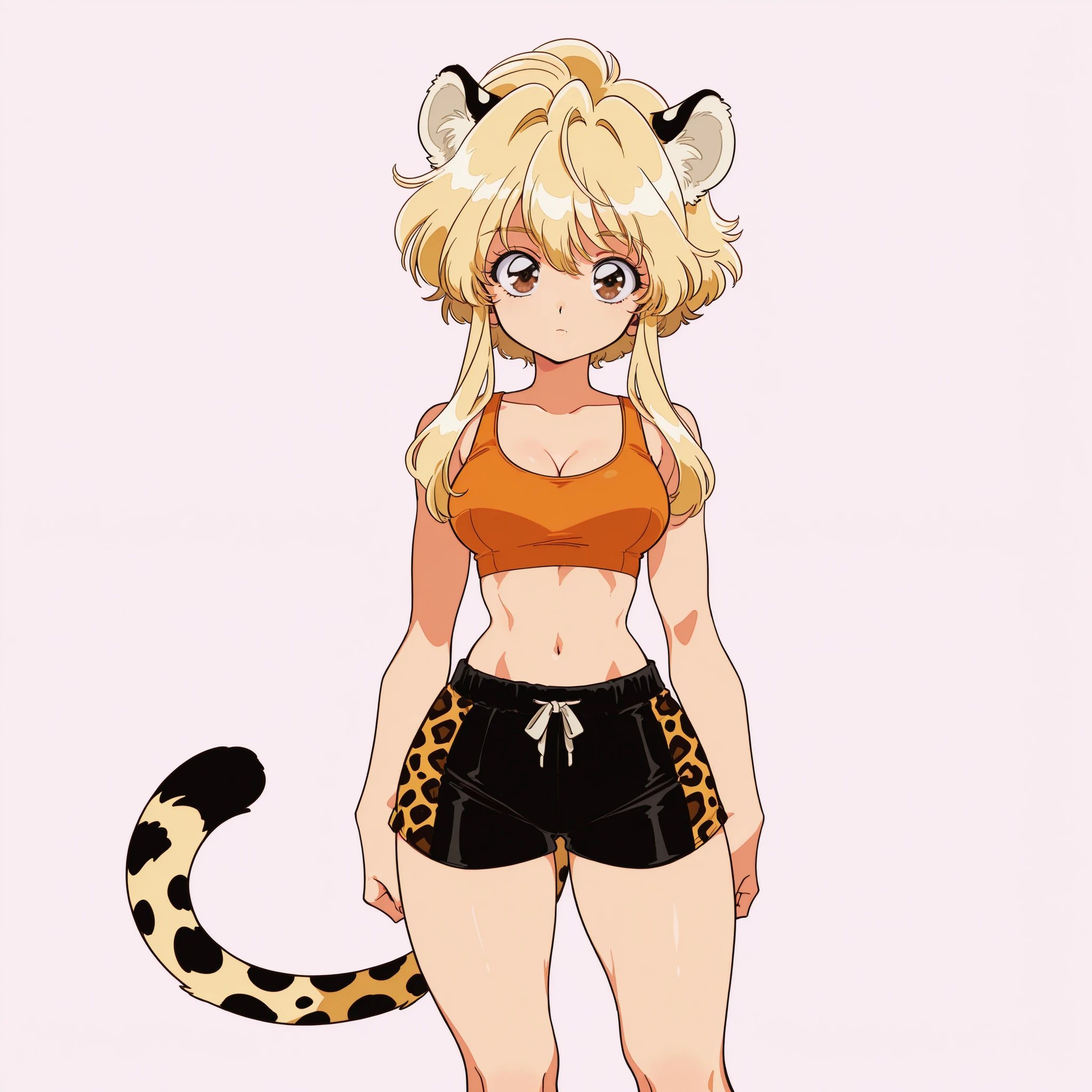 masterpiece, ultra-HD, impressionism, high detail, best quality, very aesthetic, 8K, best quality, beautiful, ultra-high resolution, 32K UHD, sharp focus, hrn_yc Style, bokeh, retro artstyle, 1990, 1girl, solo, short messy ash-blonde hair, cheetah pattern, long locks, almond-shaped eyes, brown eyes, eyelashes, eyeliner, pink lips, sharp fangs, cheetah ears, cheetah tail, medium breasts, narrow waist, wide hips, thick thighs, shapely legs, petite, toned, slim, orange sports bra, cleavage, black lycra shorts, blushed, expressionless, cute, standing, looking at the viewer, simple background, front view