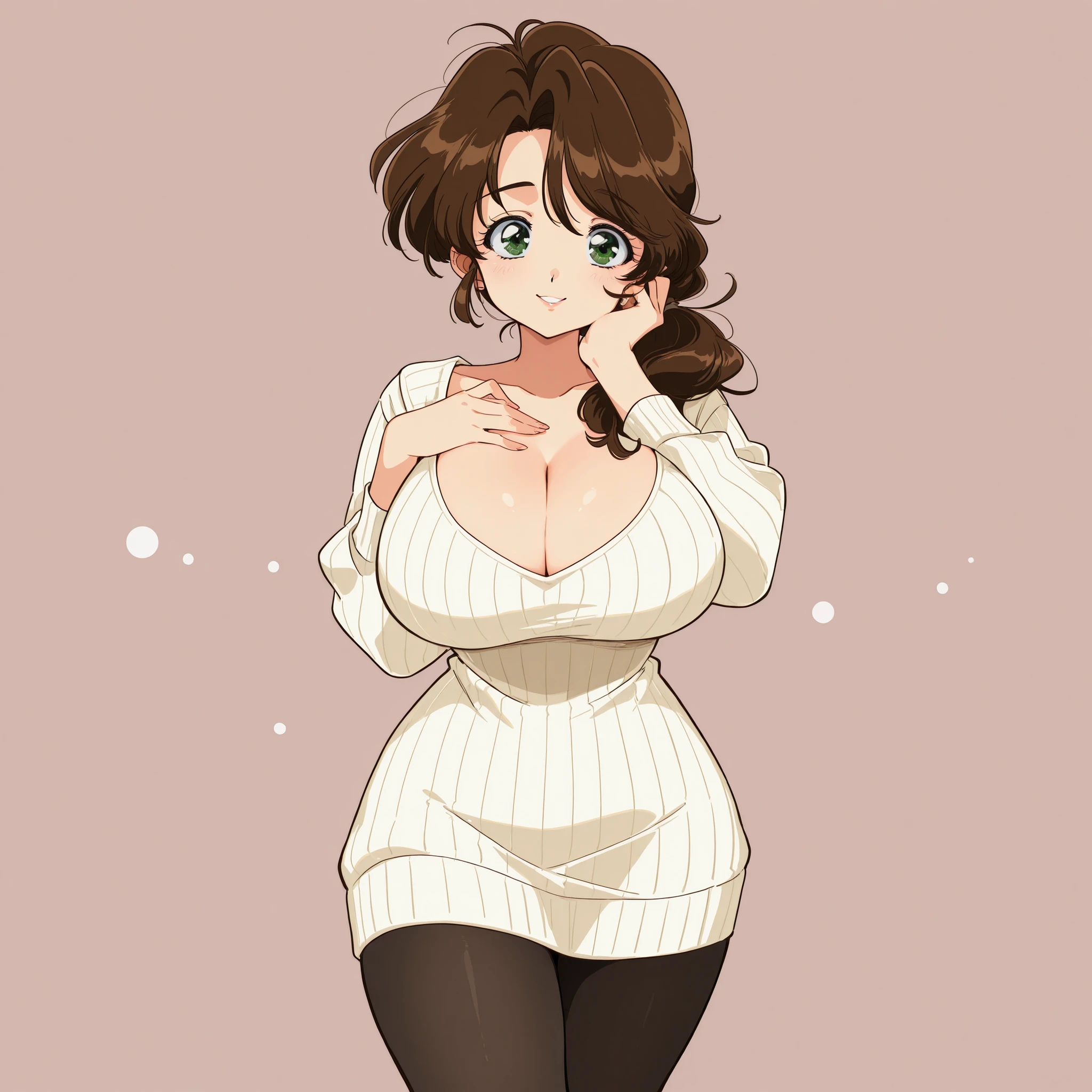 masterpiece, ultra-HD, impressionism, high detail, best quality, very aesthetic, 8K, best quality, beautiful, ultra-high resolution, 32K UHD, sharp focus, hrn_yc Style, bokeh, retro artstyle, 1990, 1woman, solo, mature woman, housewife, long dark brown hair, low ponytail, green eyes, eyelashes, makeup, black eyeliner, full lips, huge breasts, narrow waist, wide hips, thick thighs, shapely legs, slim, white ribbed baggy sweater dress, sweater dress, cleavage, black pantyhose, blushed, smile, shy, cute, hand on cheek, hand over chest, standing, looking at the viewer, simple background, front view