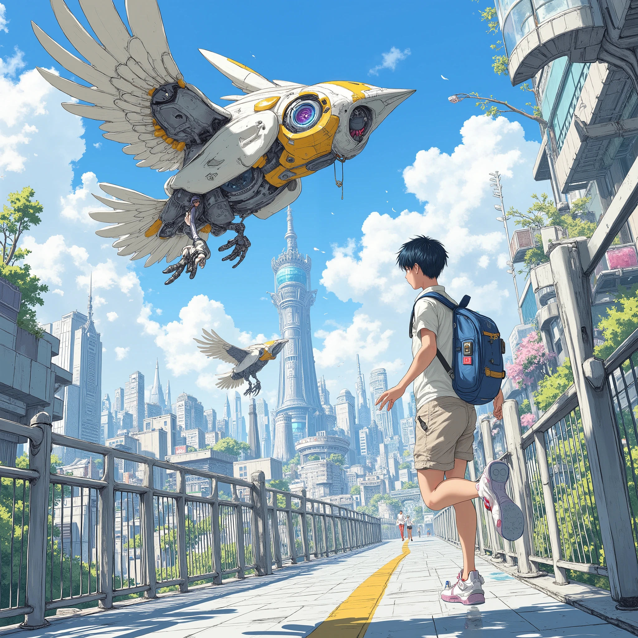 (masterpiece, best quality, highly detailed), illustration, (a highly detailed stylish bird-like robot about half the size of the teenager flying close:1.2), a teenager in light casual clothing with wearable gadgets running beside it, on a large futuristic bridge spanning across a vast cityscape, tall buildings and aerial traffic visible in the distance, sense of adventure and beginning of a journey, bright and calm atmosphere, soft daylight, cinematic composition