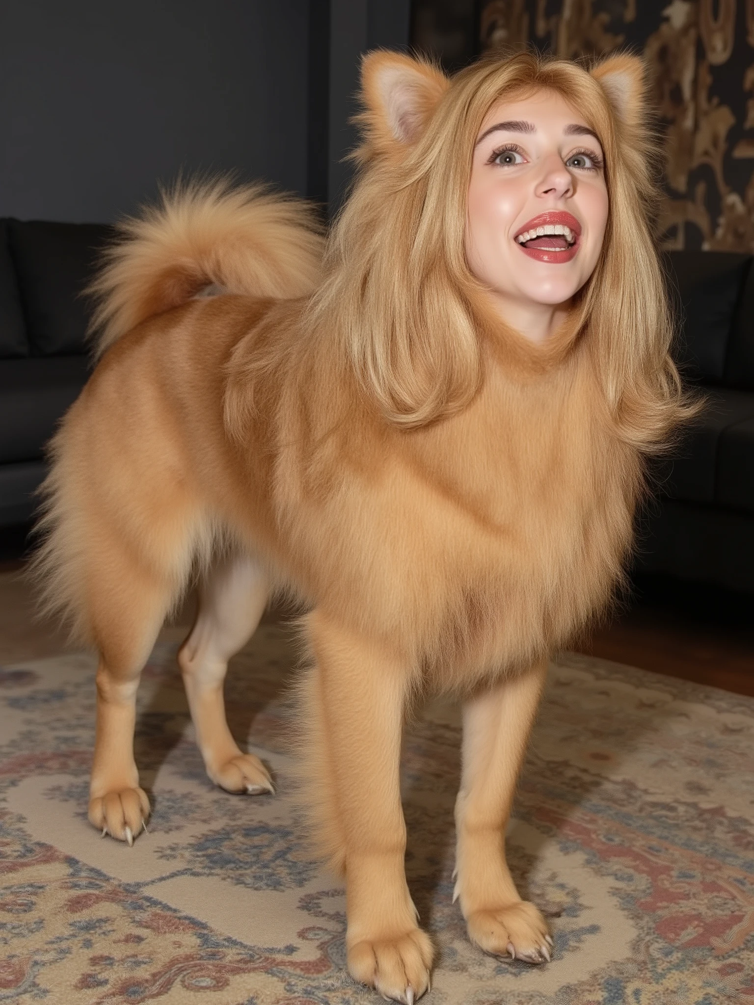 (masterpiece, high quality, high resolution hairstyle, hyperrealistic photograph), Majestic anthropomorphic female dog, hybrid creature standing on the ground on its four legs, humanized canine anatomy in an elegant posture, beautiful female face with delicate features, long, silky blond hair that falls on the shoulders, canine ears that crown their head, bright and expressive canine eyes, body completely covered with a soft and shiny coat, long and graceful tail moving to maintain balance, height proportional to an adult woman, defined canine muscles under the coat, proud and elegant posture, Flirty and happy. Modern home interior, LED lighting that creates dramatic shadows and contrasts, detailed realistic textures, perfect details of hair and skin, 8K, professional lighting , balanced composition, depth of field