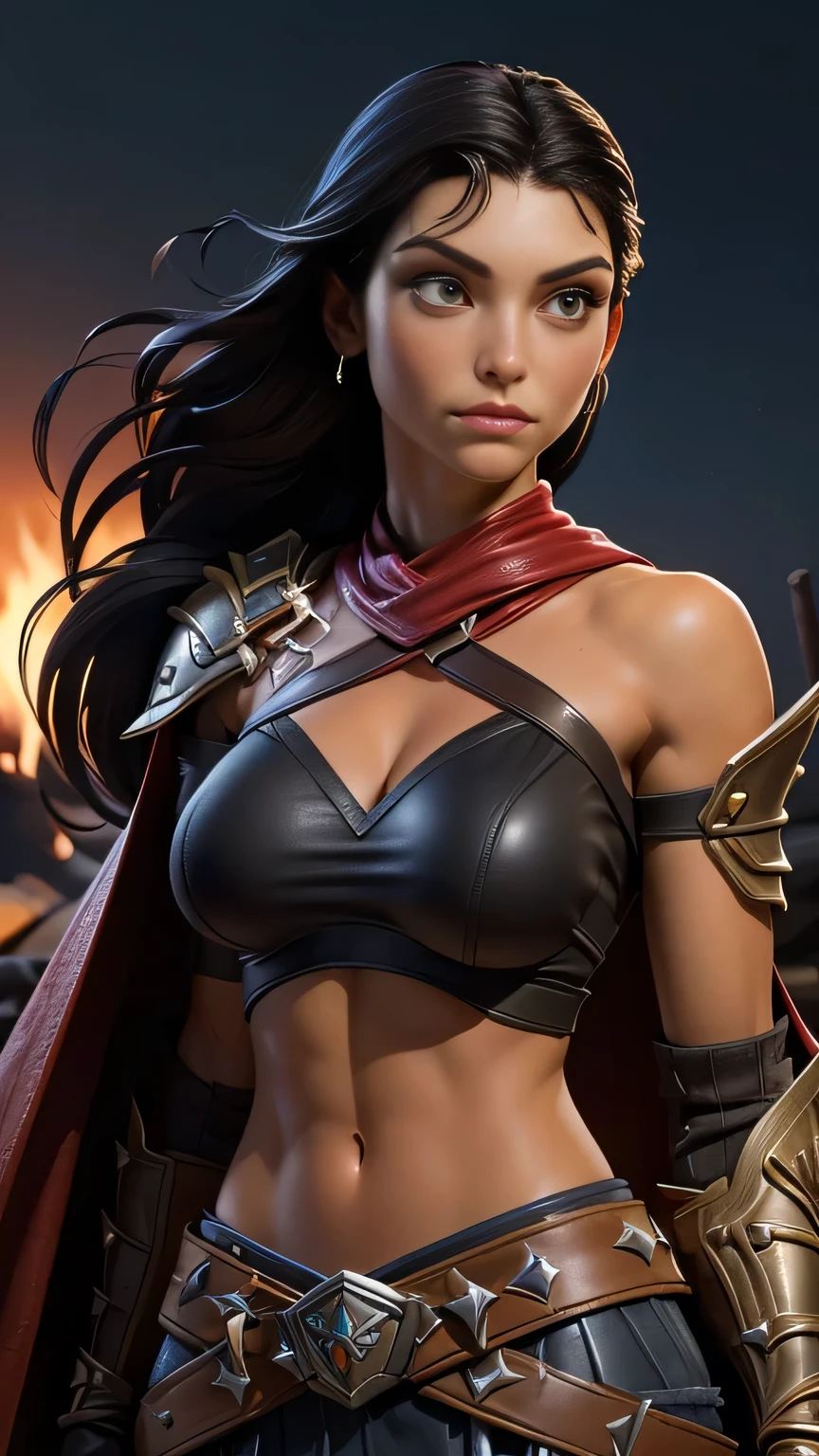 RAW digital art, ultra-realistic 3D render of a stunning woman resembling Native American Woman, Pocahontas, Close-Up portrait, ((young woman)), ((highly detailed face:1.3)), ((perfectly portioned body, perfect female figure:1.3)), ((skinny, slim waist, narrow hips:1.3)), ((seductive gaze)), ((flawless skin texture, long eyelashes, expressive eyes with subtle reflections, makeup)), ((perfect breasts, medium breasts:1.4)), ((smooth yet detailed hair strands, long dark as night hair, shiny hair: 1.2)), soft shadows and cinematic studio lighting, Pixar-inspired style blending vibrant colors with realistic details, ((wearing A mercenary’s mismatched armor of leather and iron plates, scarred gauntlets gripping a massive sword, a battered cloak slung over one shoulder: 1.35)), standing at a campfire in the wilderness, tents scattered nearby, horses tethered to wooden posts, background softly blurred with warm tones, (8K resolution, intricate textures, sharp focus)