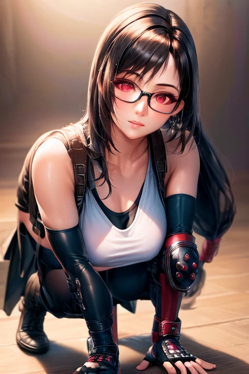 (best quality:1.3), (4k quality),(sharp image), Sarada, ((Detailed face)), ((masterpiece face)),((perfect detailed eyes)) (blush), Sarada, black hair,  black short  hair, red eyes, red lips, red lips, sly face, face with stern features, ((detailed face)), perfect face, highly detailed eyes, masterpiece, absurdres , (intricate details), (colorful),cinematic lighting,extremely detailed CG unity 8k wallpaper , 1girl, solo, mature female, erected , fit body, , glasses, bomber, black boots, black tight top, black shorts, bedroom , naughty smile, (( small  )), kneeling, seductive pose, ,  view