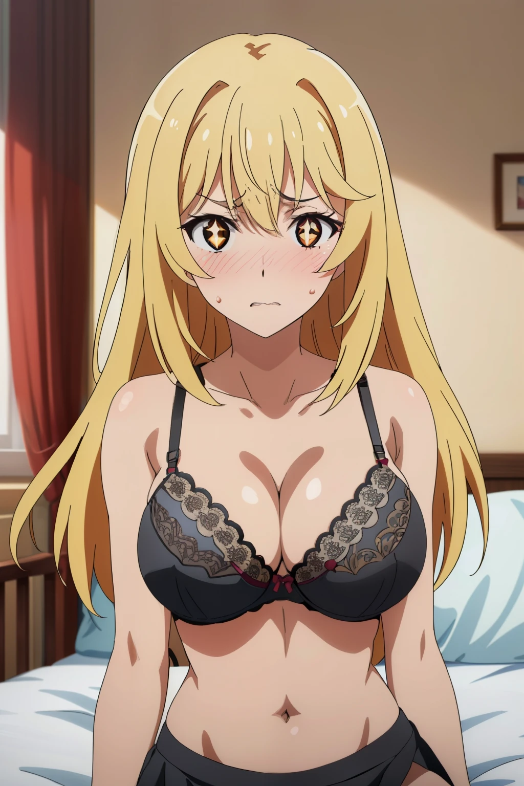(highest quality, High resolution, 8k, masterpiece: 1.2), Very detailed, (Anime coloring:1.2), Misaki Shokuhou, orange eyes, (pupils sparkling:1.2), Beautiful character design, Perfect eyes, Perfect face, Expressive eyes, Perfect balance, blonde, Long Hair, large breast, (tanned skin:1.1), nffsw, (embarrassed expression, red face, blushing:1.3), (dynamic sexy pose), (shirtless, collarbone, (black sheer bra:1.4), navel, mini skirt, thighs), (room, bed, sitting), (upper body:1.2), looking at the viewer, in the center of the image, dutch angle,