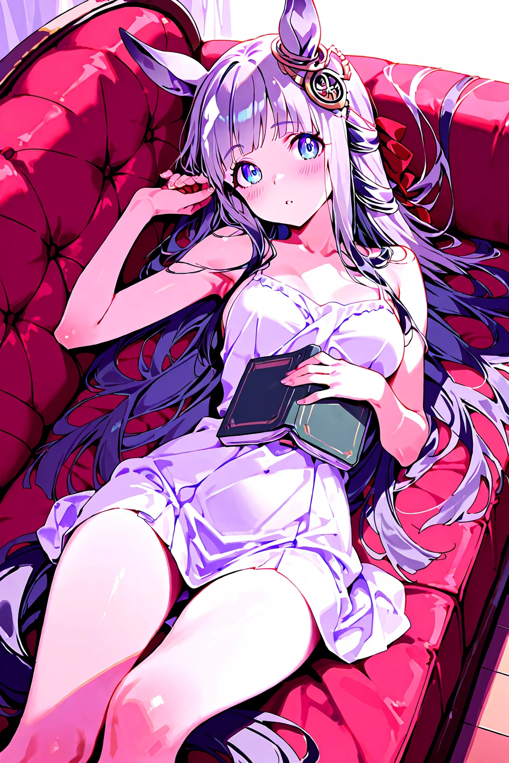 gray hair, semi-long hair, purple eyes, glowing eyes, skirt, blush, mature, recovery magic, morning, bed, pajamas