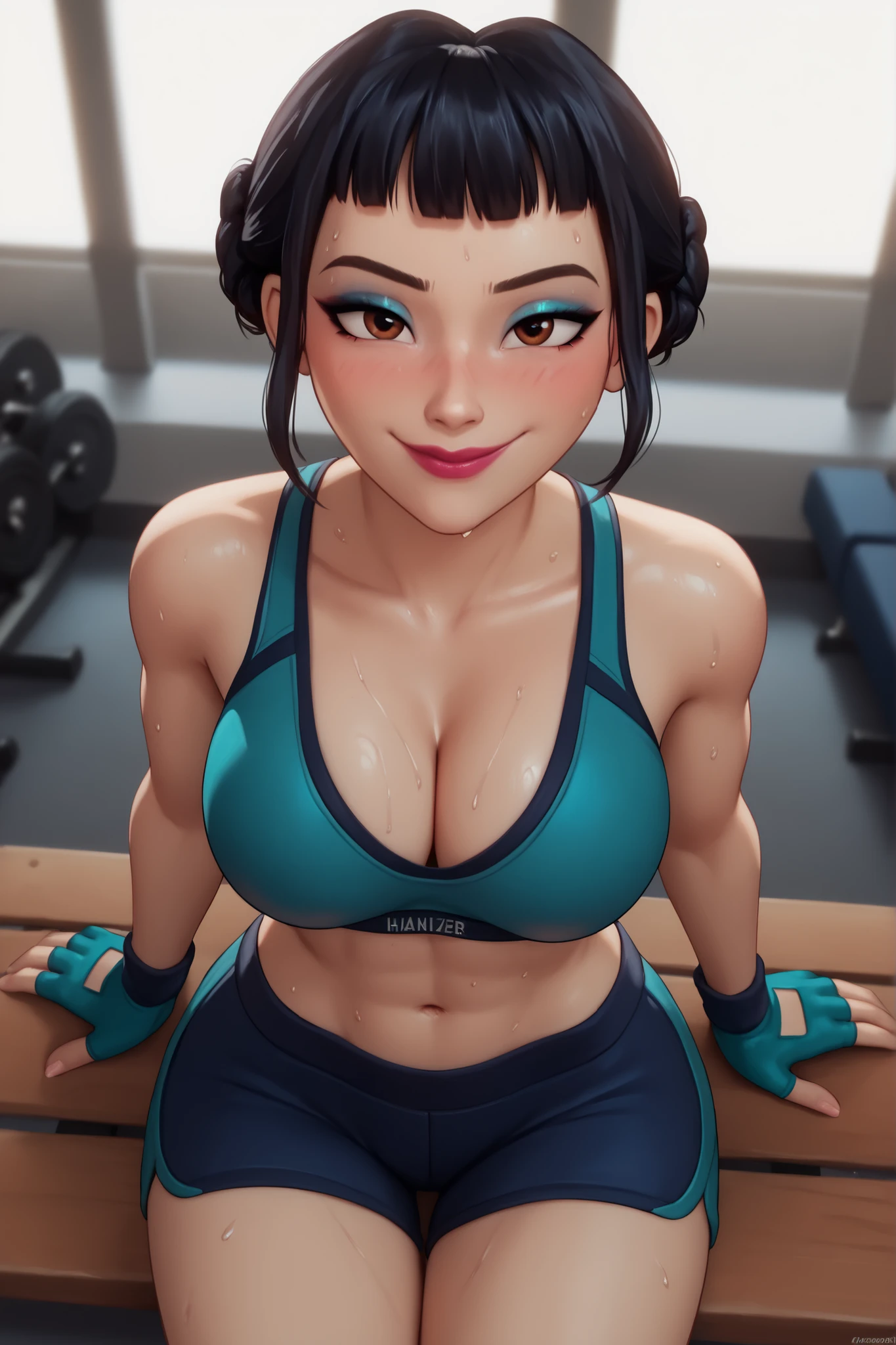 BREAK, score_6_up, score_7_up, score_8_up, score_9, 1girl, solo, kpdh_z0ey, black hair, short hair, hair bun, brown eyes, blunt bangs, lipstick, makeup, official KPop Demon Hunters aesthetic, , busty, cleavage, curvy, athletic, looking at viewer, seducing viewer, teasing viewer, expression, smiling, closed mouth, bedroom eyes, blue sports bra, black gym shorts, blue fingerless gloves, indoors, gym, sitting on bench, closeup, portrait, upper body, high-angle view, blue eyeshadow, sweaty, sweat drops, blushing