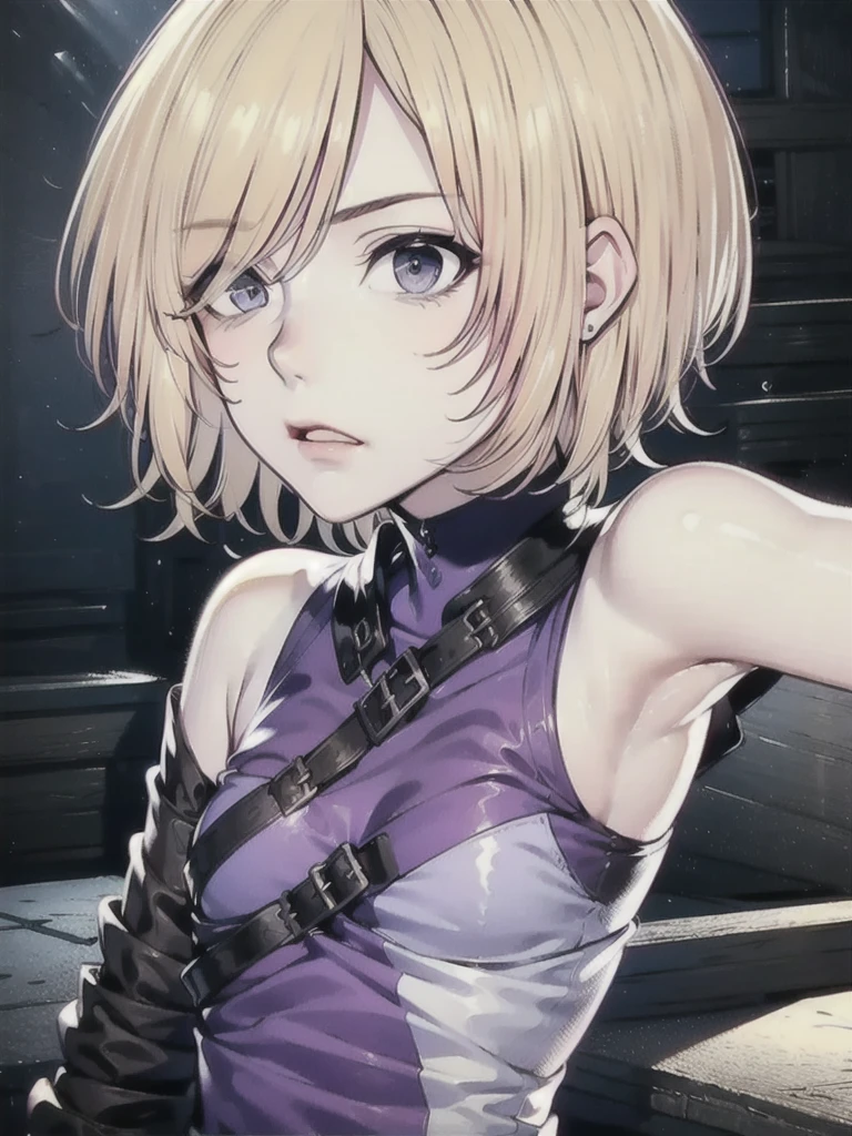 , on the floor, tied, tape , blond hair, Bob cut, , big thighs, completely blushing, sweating, smoky, pleasure face, serious face