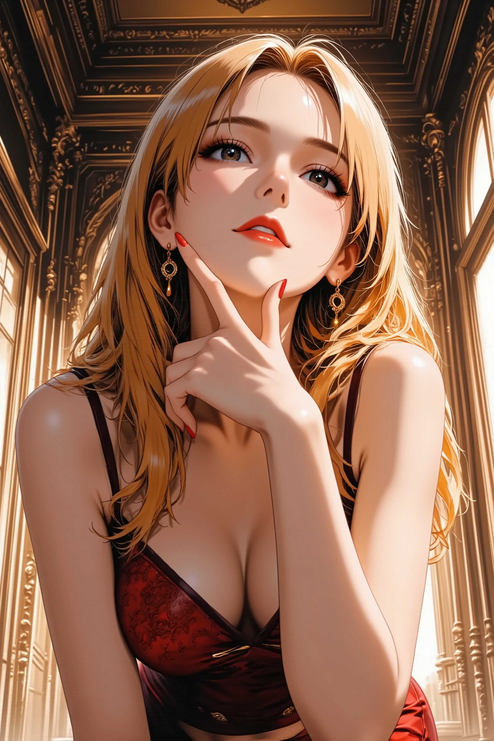 Anime style illustration, masterpiece, ultra detailed, rich colors, soft ambient light, high resolution, realistic textures, Eye-level shot, thigh-up portrait, standing pose, A mature woman, **slightly upward face**, **gazing down at the viewer**, elegant expression, confident smile, feminine pose, strong makeup, bold eyeliner, vivid red lipstick, **beautiful 5-fingered hands** with one hand gently touching her chin, good hand anatomy, Wearing a sophisticated evening dress, flowing long hair, delicate earrings, luxurious background, soft bokeh, cinematic lighting