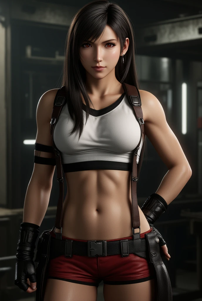 tifa lockhart, (best qualityer,ultra detali,realisitic:1.37),beautifull detailed face,perfect symmetry,perfectly shaped body,perfect make-up,bright coloured,studio lighting