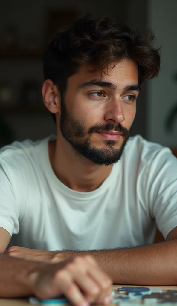 Skinny guy, Mexican, slightly messy hair, sitting at a table having breakfast, drinking orange juice, pills on the table, very handsome, baggy clothing, dark stubble, dark eyes, tanned skin, wearing a white wife beater, pill bottles