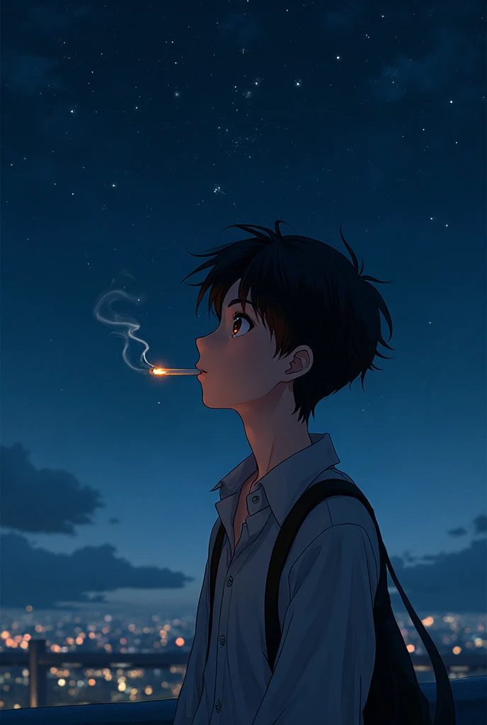 A blue sky night a boy with sigaret